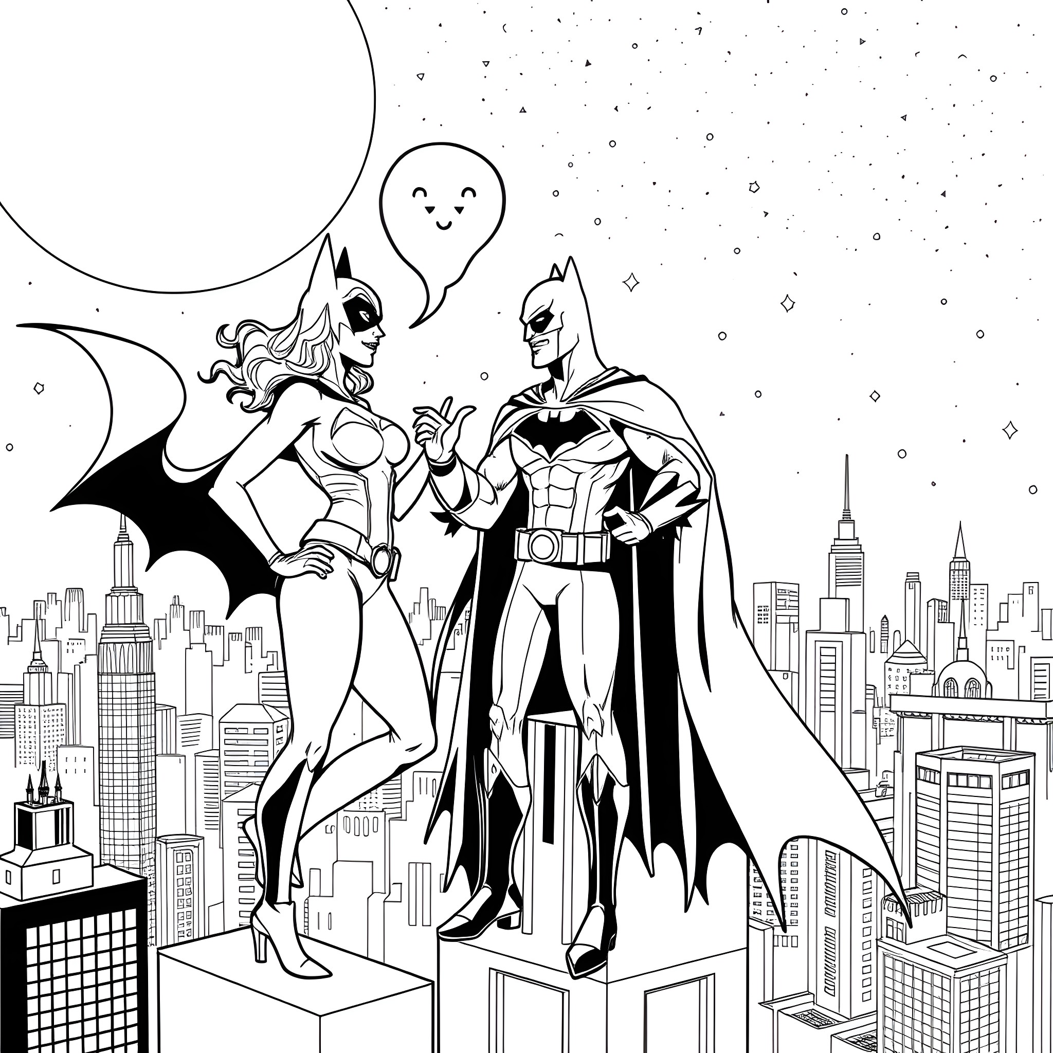 Bat Woman and Batman in action over the city Coloring Page (free black-and-white line drawing printable PDF for all, from beginners to advanced learners, including children, teens, adults, and seniors)