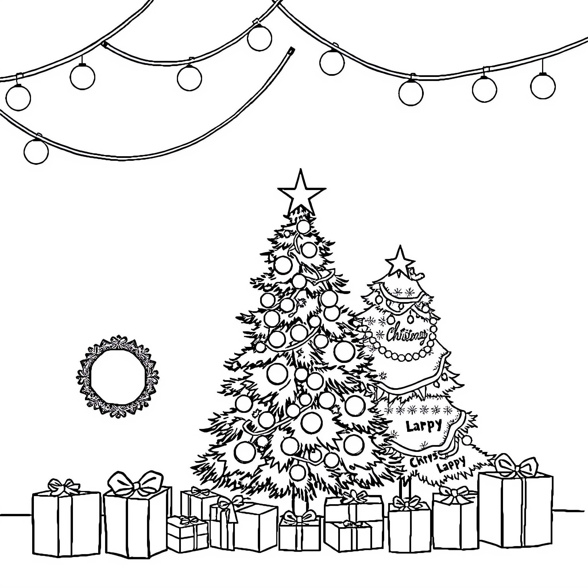Christmas scene with decorated trees and gifts Coloring Page (free black-and-white line drawing printable PDF for all, from beginners to advanced learners, including children, teens, adults, and seniors)
