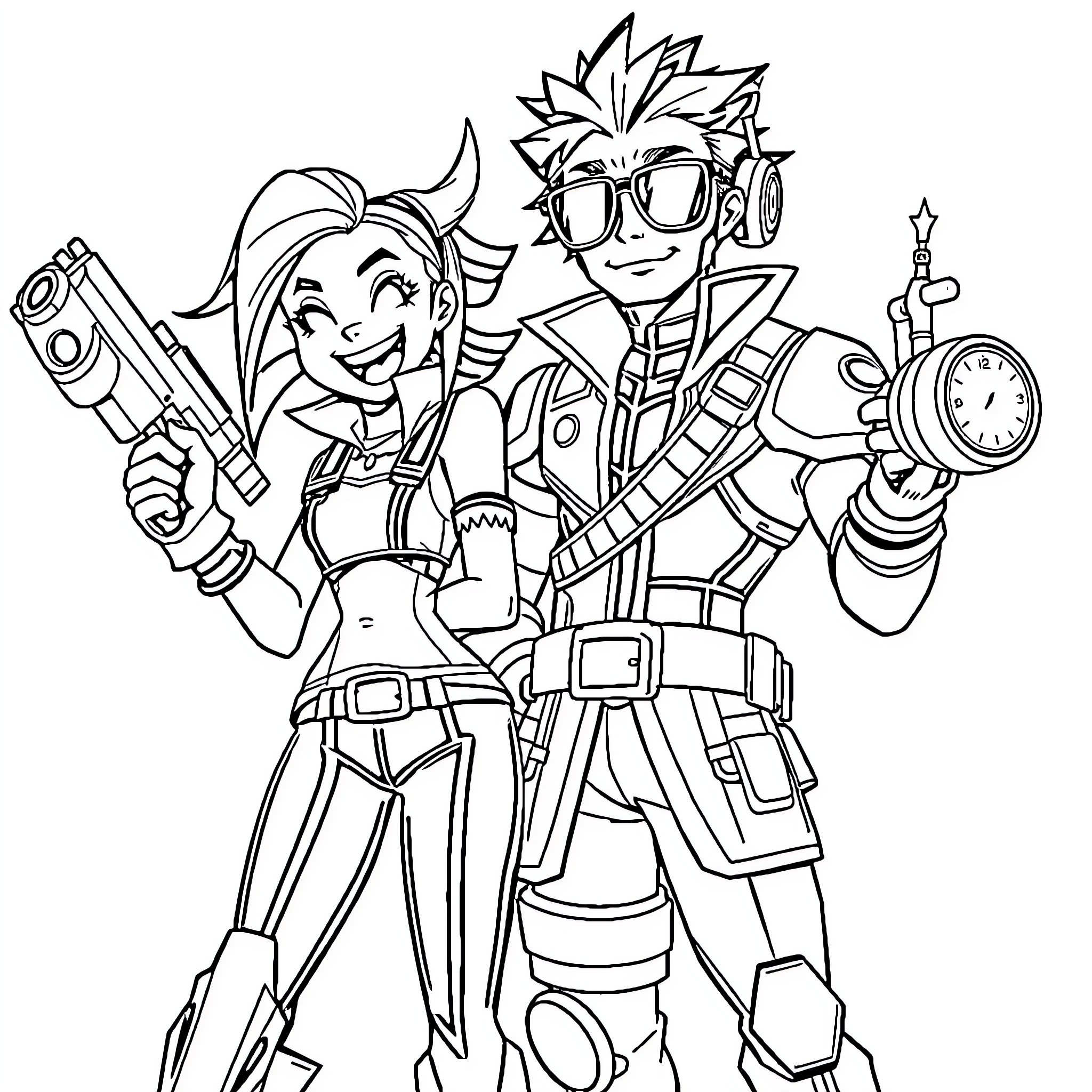 Jinx and Ekko in action-packed adventure Coloring Page (free black-and-white line drawing printable PDF for all, from beginners to advanced learners, including children, teens, adults, and seniors)