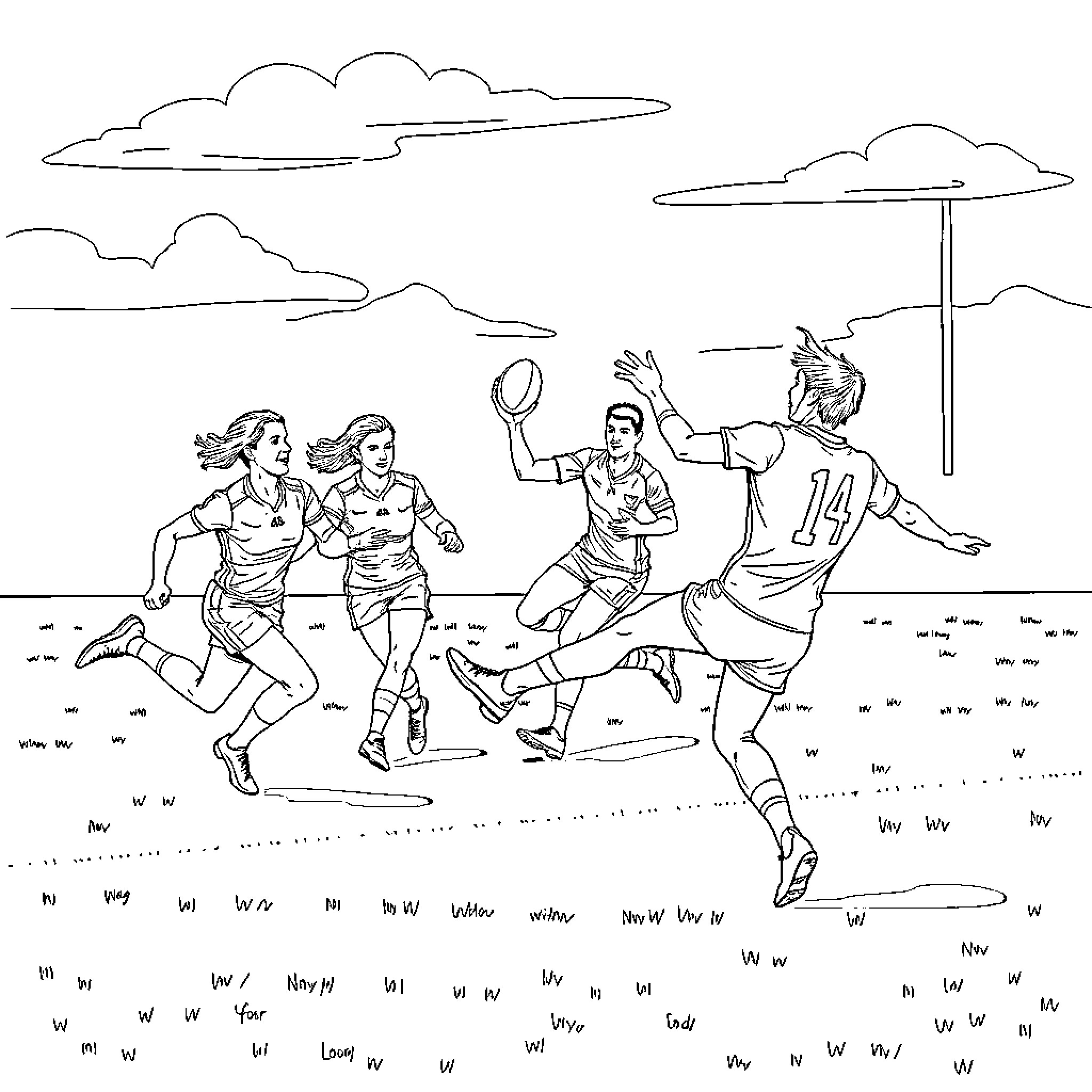 Football Players in Action on the Field Coloring Page (free black-and-white line drawing printable PDF for all, from beginners to advanced learners, including children, teens, adults, and seniors)