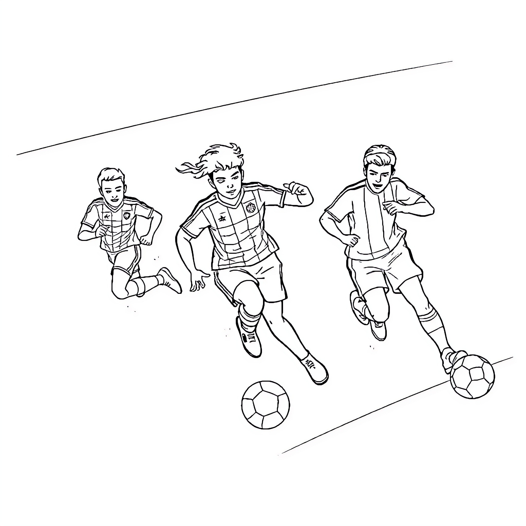 Football Players Dribbling and Running on Field Coloring Page (free black-and-white line drawing printable PDF for all, from beginners to advanced learners, including children, teens, adults, and seniors)
