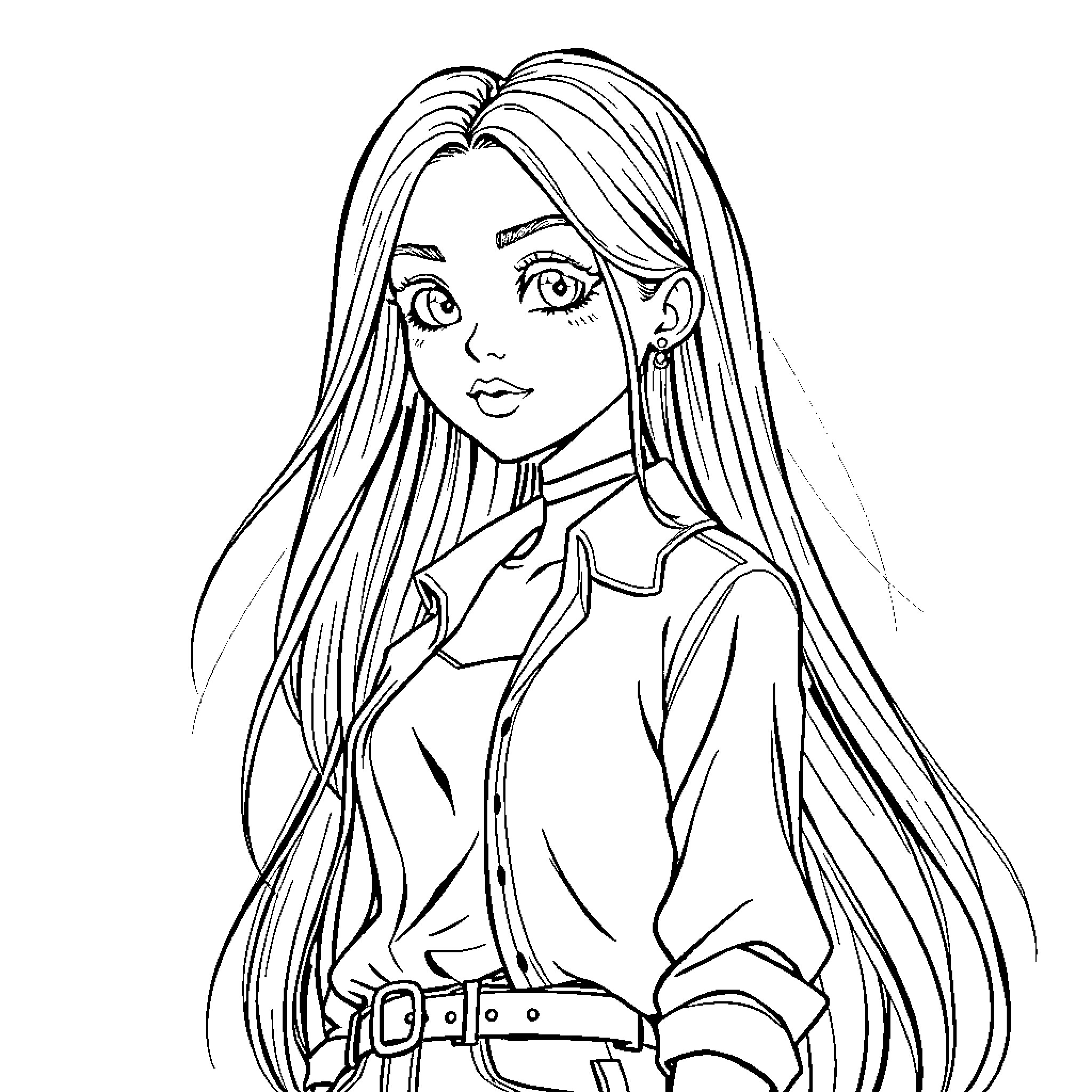 Girl with long flowing hair and serious expression Coloring Page (free black-and-white line drawing printable PDF for all, from beginners to advanced learners, including children, teens, adults, and seniors)