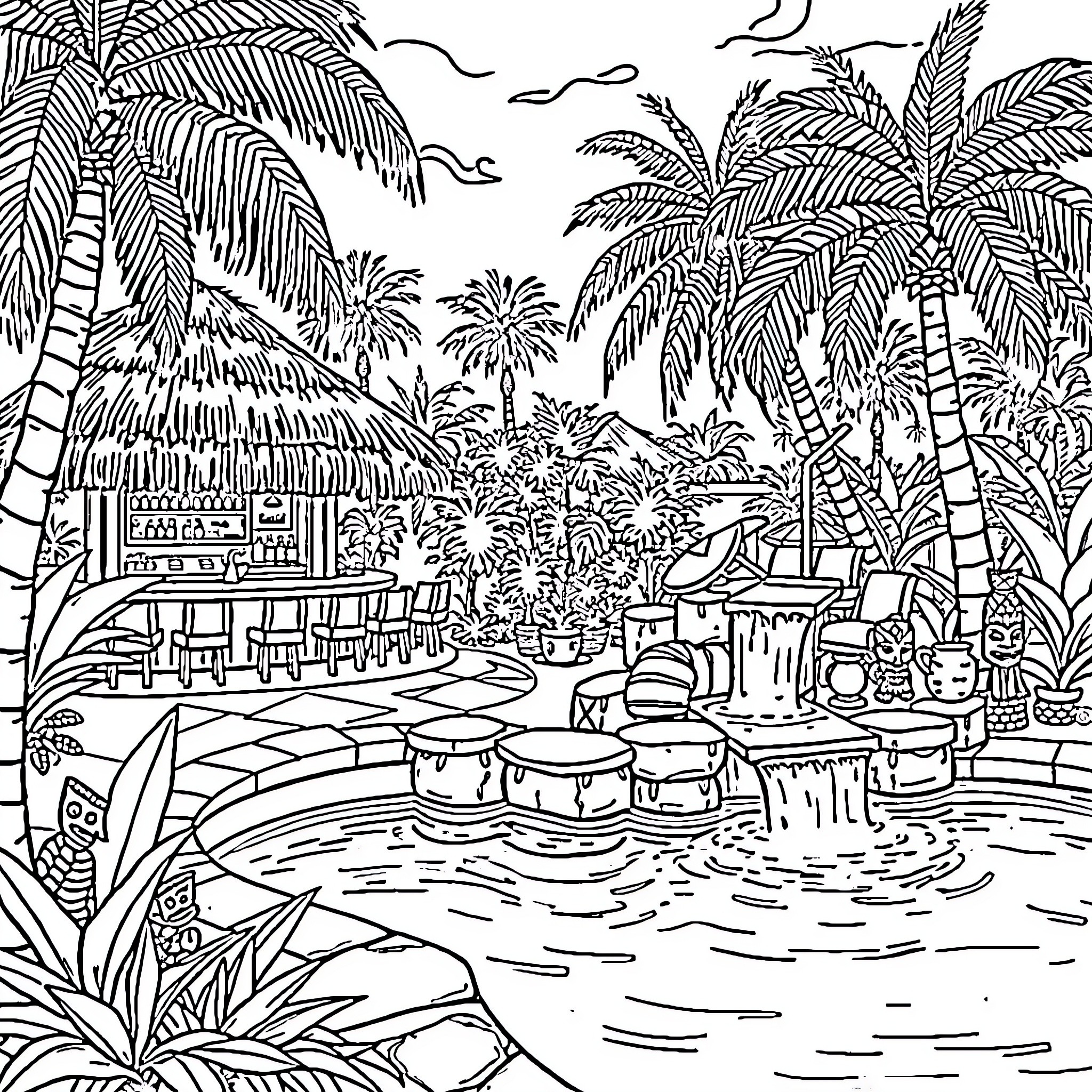 Tiki Bar scene with tropical plants and huts Coloring Page (free black-and-white line drawing printable PDF for all, from beginners to advanced learners, including children, teens, adults, and seniors)