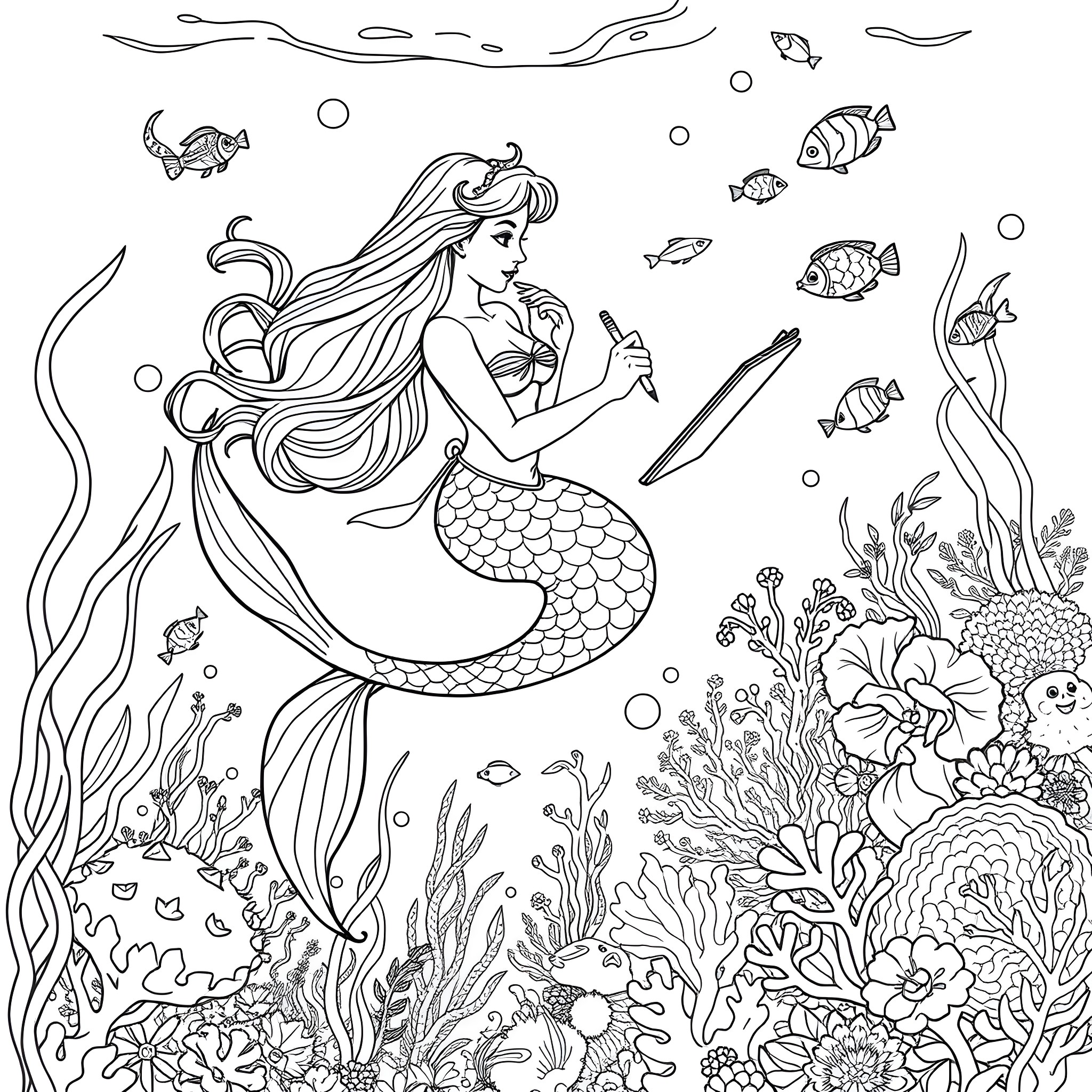 Mermaid exploring the magical underwater world Coloring Page (free black-and-white line drawing printable PDF for all, from beginners to advanced learners, including children, teens, adults, and seniors)