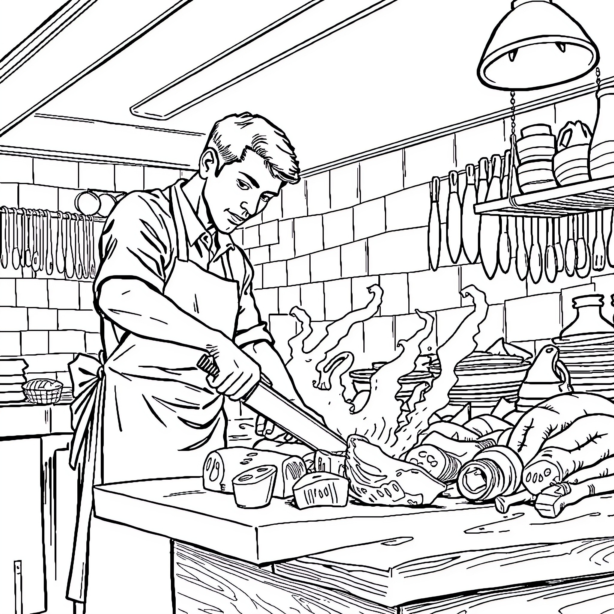 Butcher Working Diligently in the Meat Shop Coloring Page (free black-and-white line drawing printable PDF for all, from beginners to advanced learners, including children, teens, adults, and seniors)