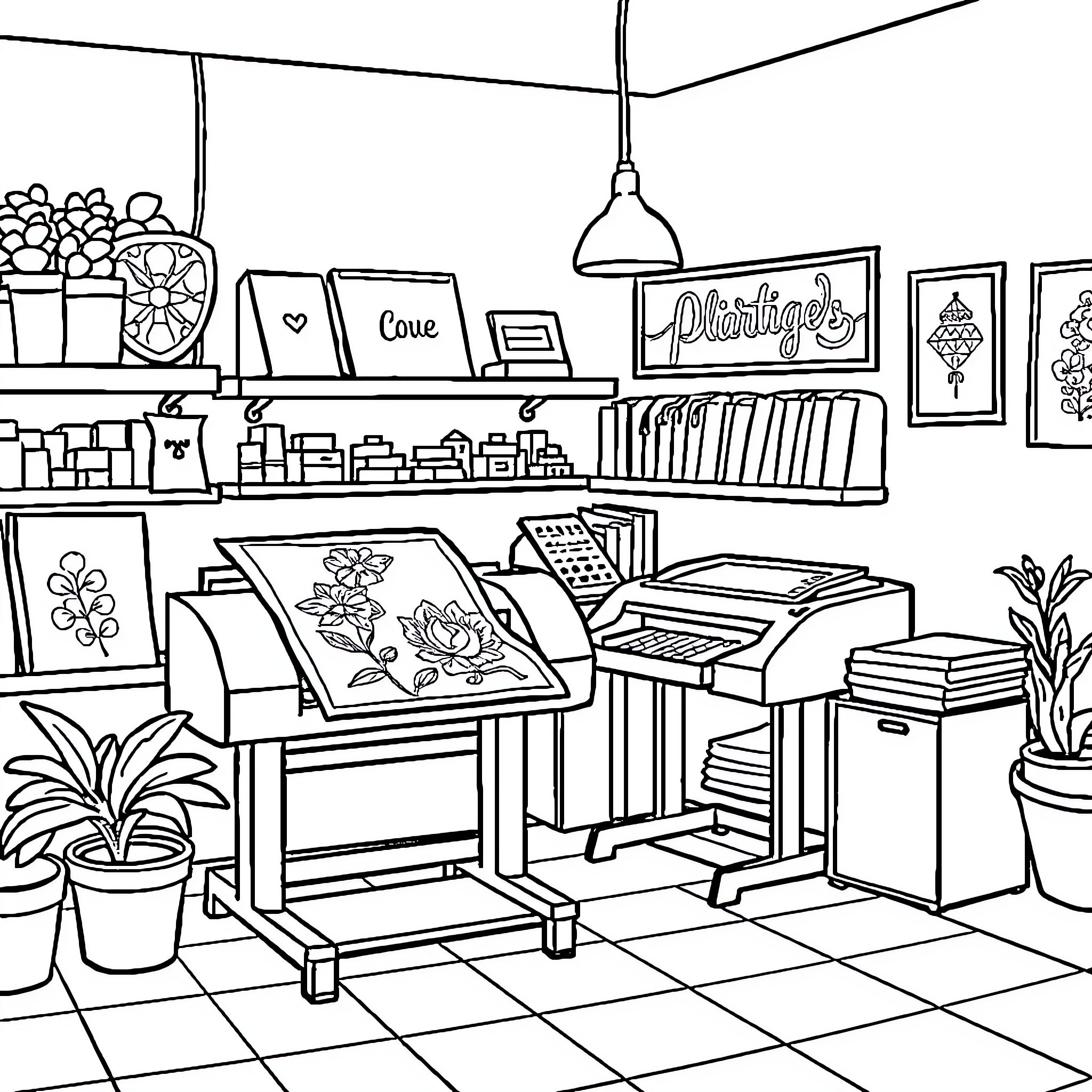 Printing Service with Artwork and Office Supplies Coloring Page (free black-and-white line drawing printable PDF for all, from beginners to advanced learners, including children, teens, adults, and seniors)