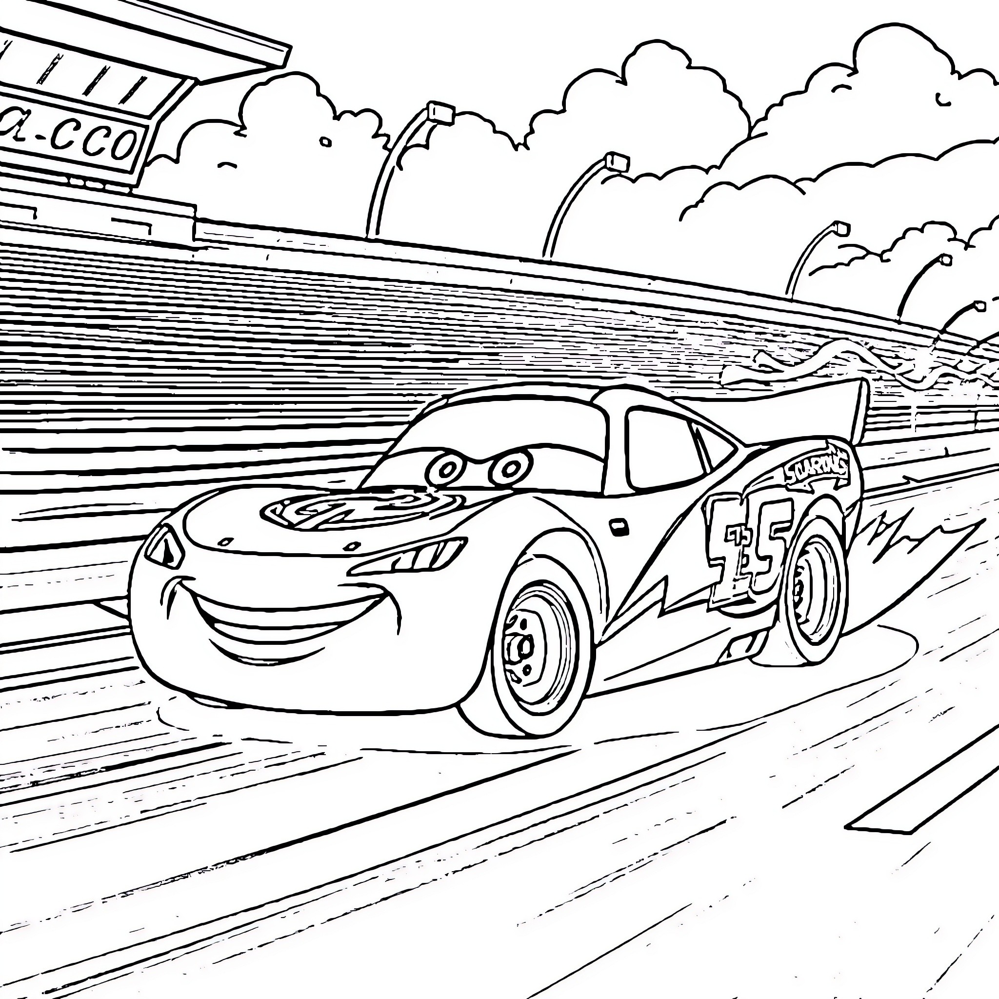 Flash MC Queen speeding through the race track Coloring Page (free black-and-white line drawing printable PDF for all, from beginners to advanced learners, including children, teens, adults, and seniors)