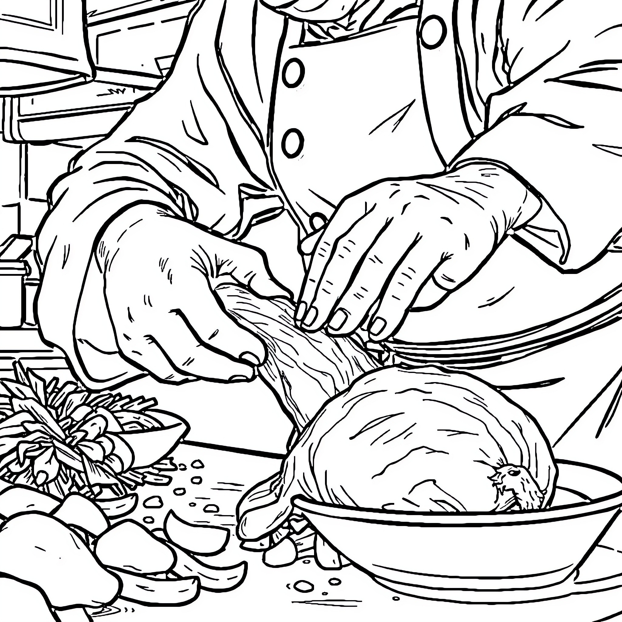 Chicken being prepared for cooking Coloring Page (free black-and-white line drawing printable PDF for all, from beginners to advanced learners, including children, teens, adults, and seniors)