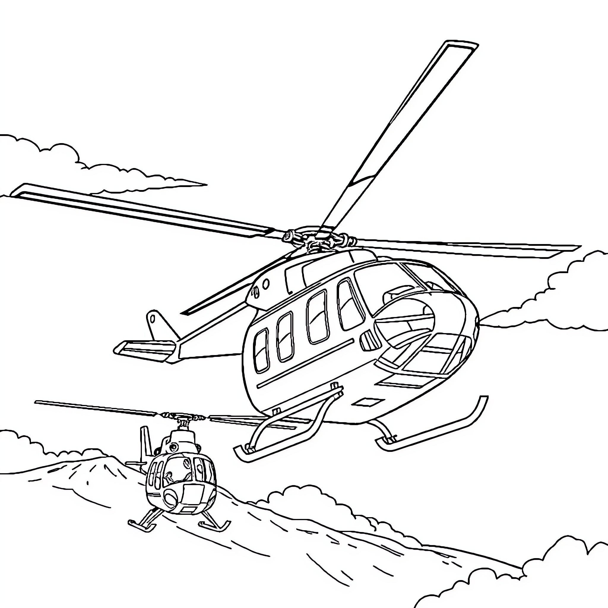 Helicopter carrying passengers on a rescue mission Coloring Page (free black-and-white line drawing printable PDF for all, from beginners to advanced learners, including children, teens, adults, and seniors)