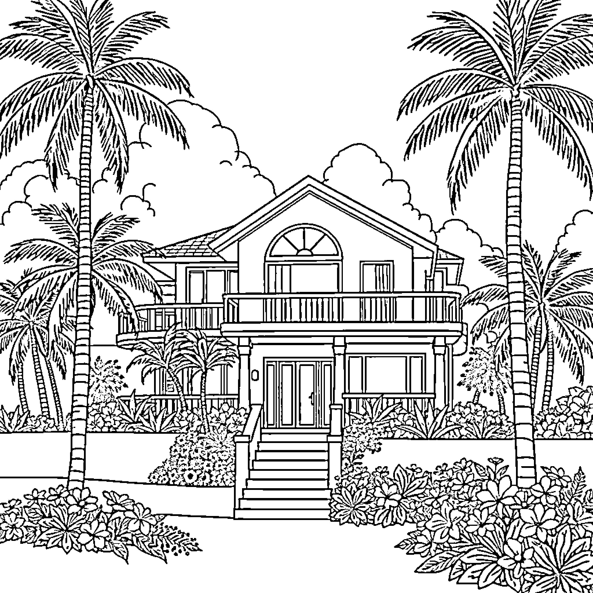 House with palm trees and tropical landscape Coloring Page (free black-and-white line drawing printable PDF for all, from beginners to advanced learners, including children, teens, adults, and seniors)