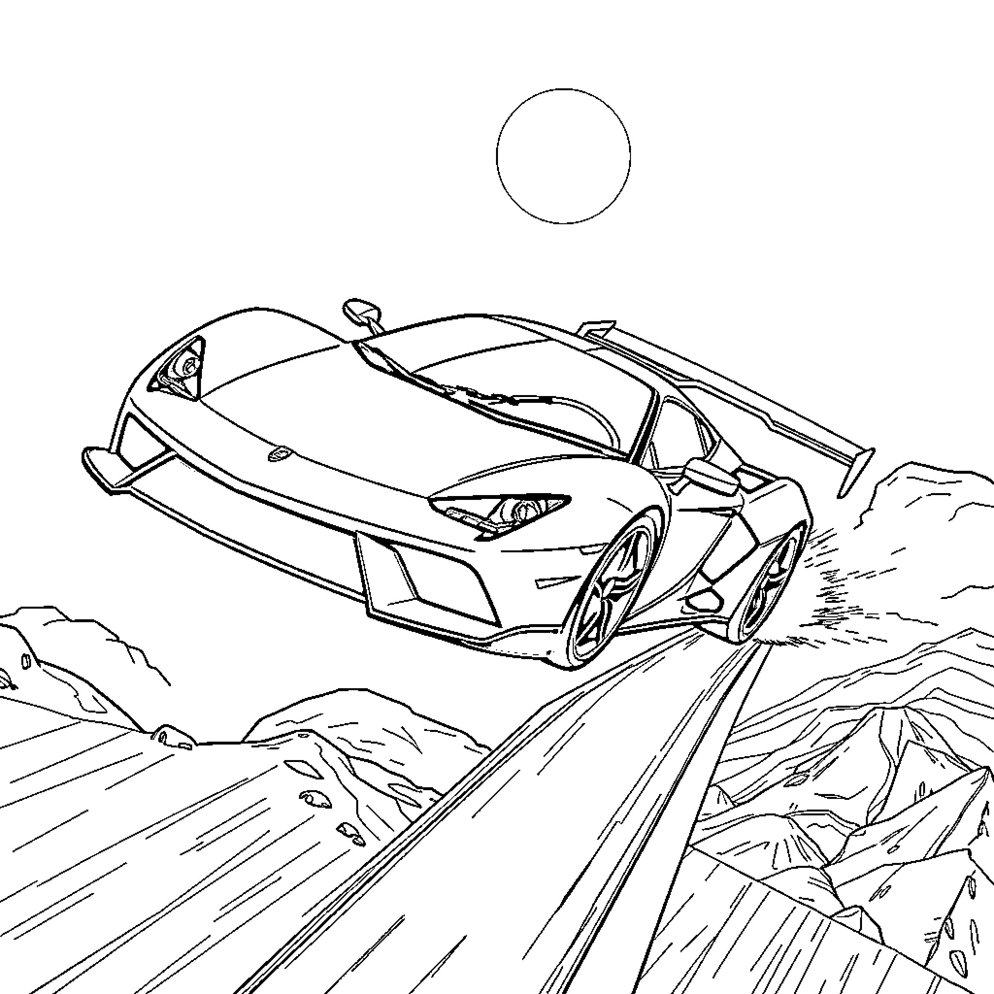 Sport Car speeding through rugged terrain Coloring Page (free black-and-white line drawing printable PDF for all, from beginners to advanced learners, including children, teens, adults, and seniors)
