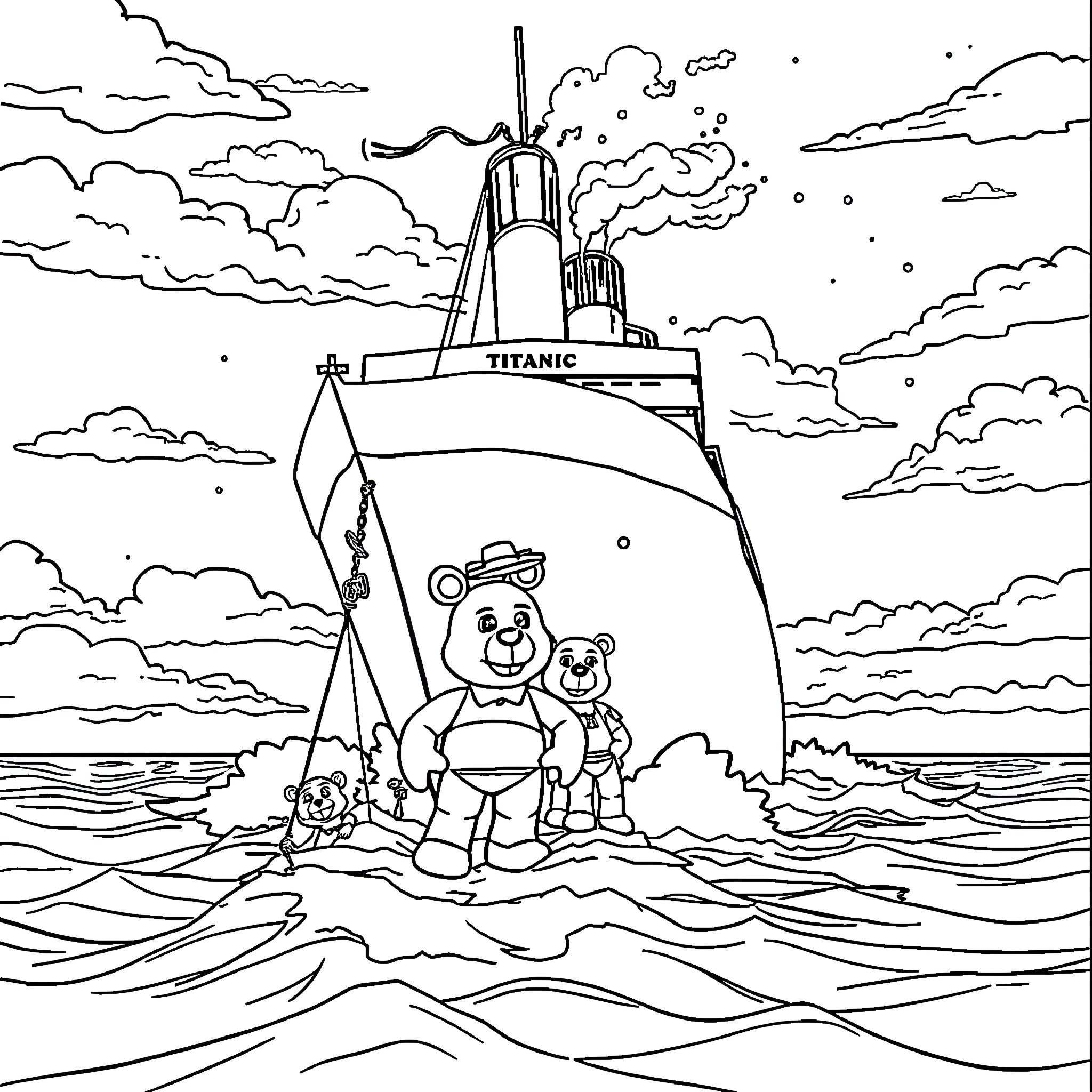 Titanic ship with cartoon characters in the sea Coloring Page (free black-and-white line drawing printable PDF for all, from beginners to advanced learners, including children, teens, adults, and seniors)