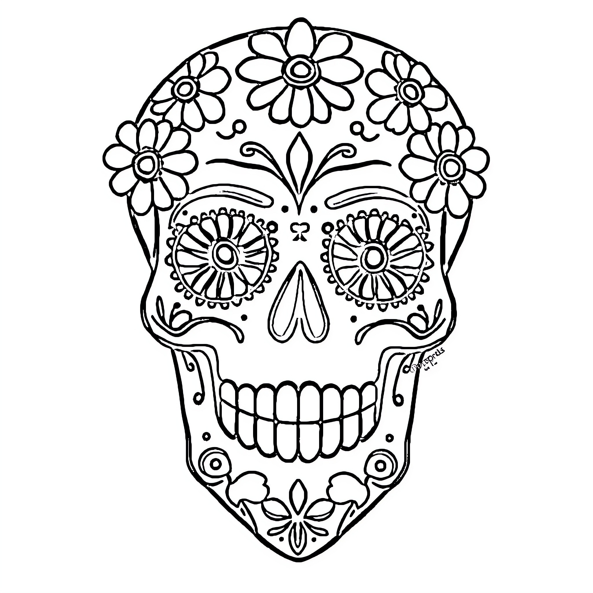 Sugar Skull with Floral Patterns and Expressions Coloring Page (free black-and-white line drawing printable PDF for all, from beginners to advanced learners, including children, teens, adults, and seniors)