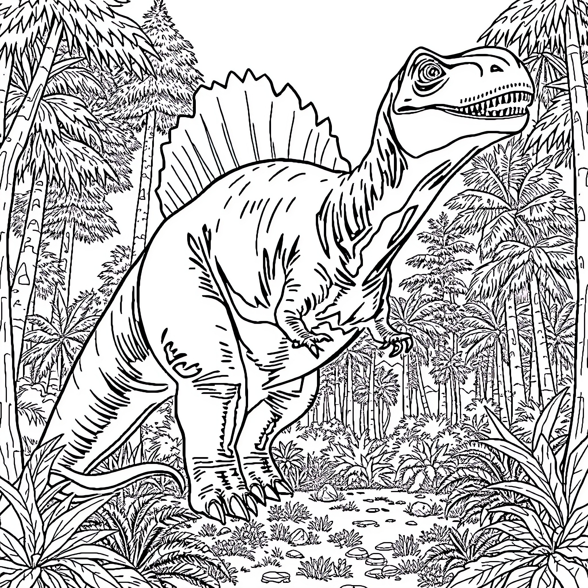 Dinosaur in Prehistoric Jungle Landscape Coloring Page (free black-and-white line drawing printable PDF for all, from beginners to advanced learners, including children, teens, adults, and seniors)