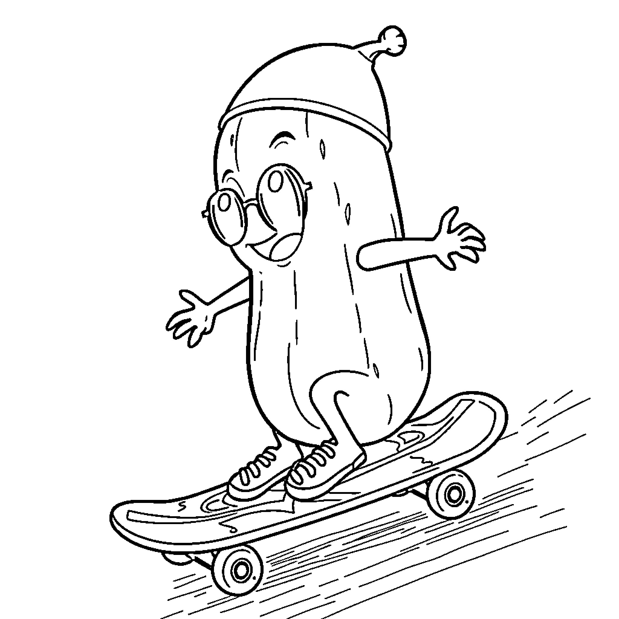 Pickle having fun on skateboard Coloring Page (free black-and-white line drawing printable PDF for all, from beginners to advanced learners, including children, teens, adults, and seniors)