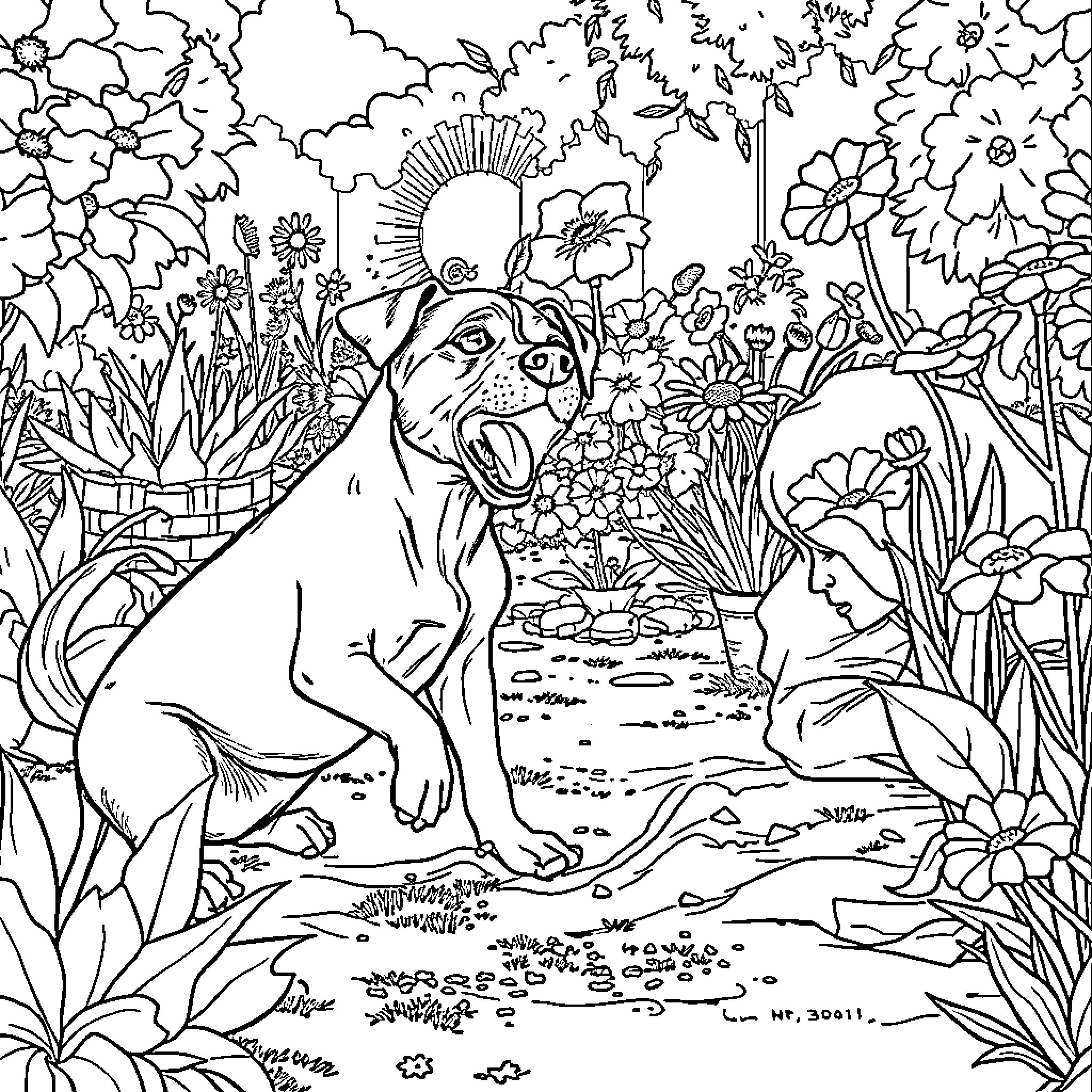 Jack Russell Terrier exploring a lush garden Coloring Page (free black-and-white line drawing printable PDF for all, from beginners to advanced learners, including children, teens, adults, and seniors)