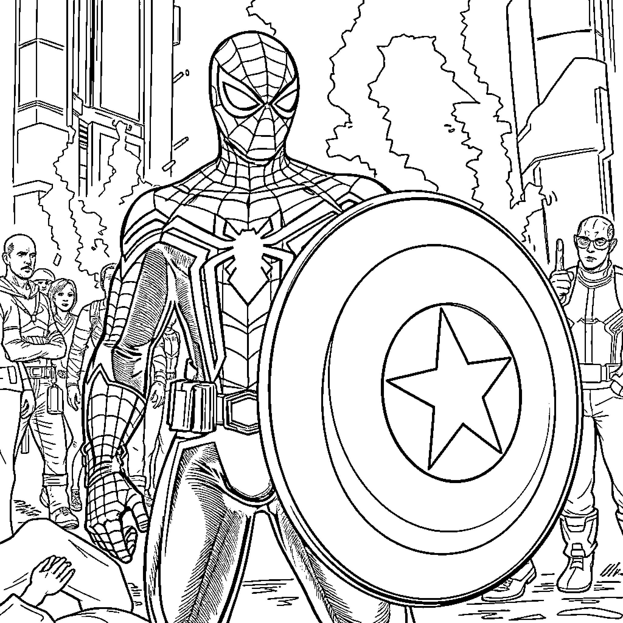 Spiderman teams up with Captain America to fight villains Coloring Page (free black-and-white line drawing printable PDF for all, from beginners to advanced learners, including children, teens, adults, and seniors)