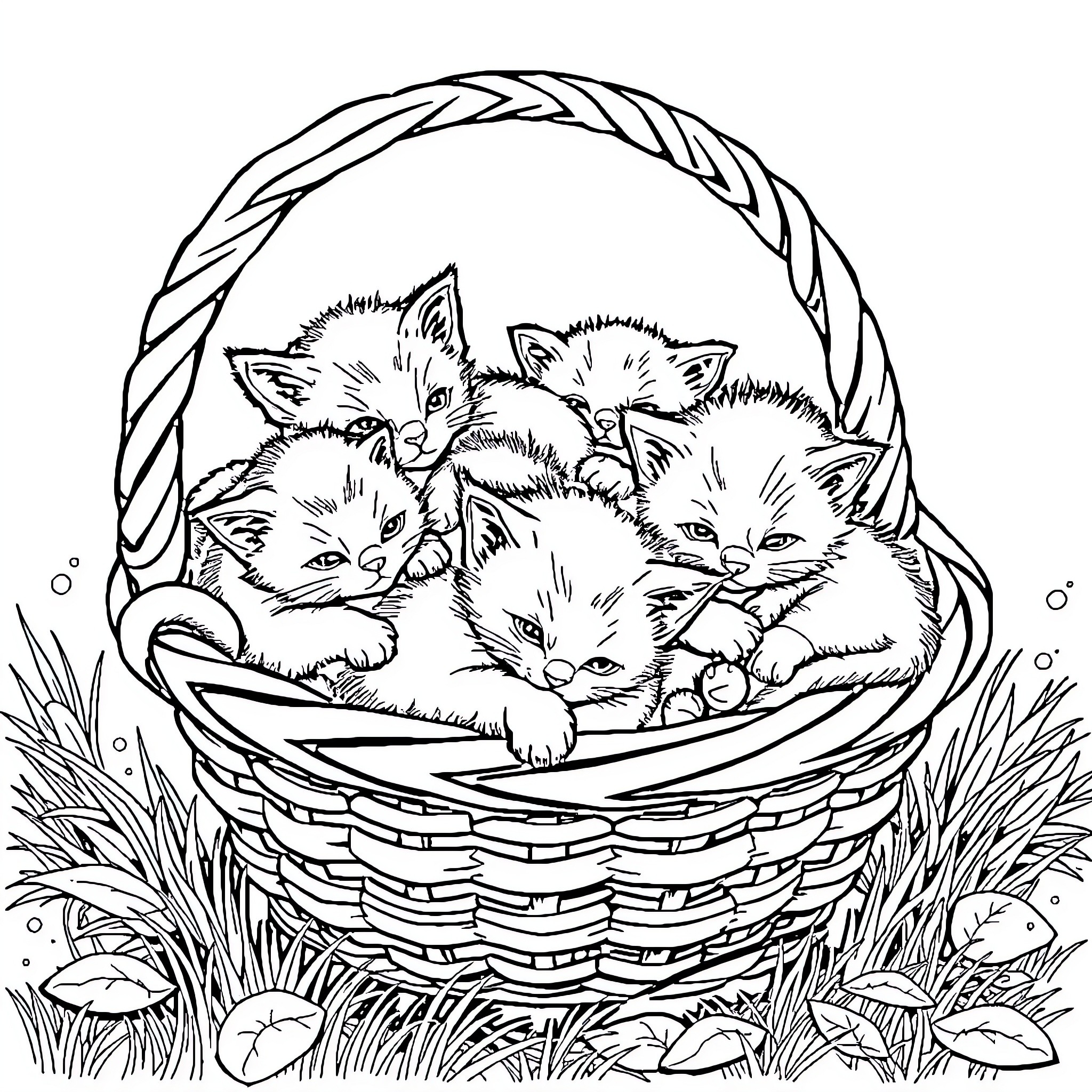 Kitten Cuddles in Woven Basket Coloring Page (free black-and-white line drawing printable PDF for all, from beginners to advanced learners, including children, teens, adults, and seniors)