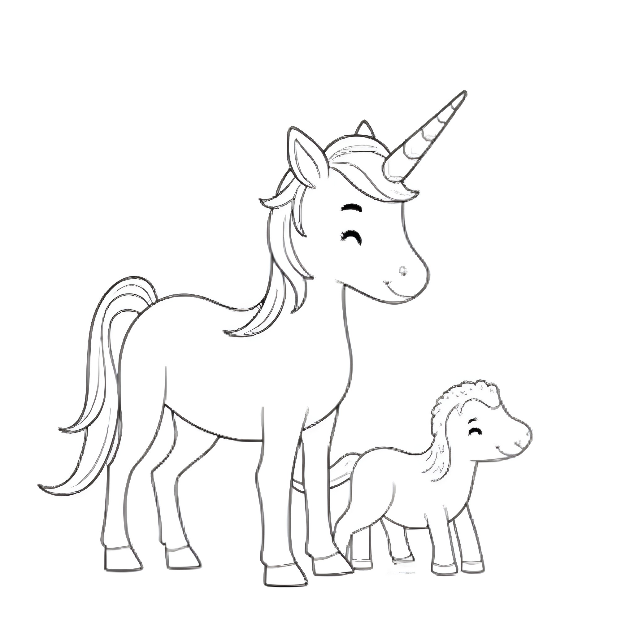 Unicorn and its baby enjoying a peaceful moment Coloring Page (free black-and-white line drawing printable PDF for all, from beginners to advanced learners, including children, teens, adults, and seniors)