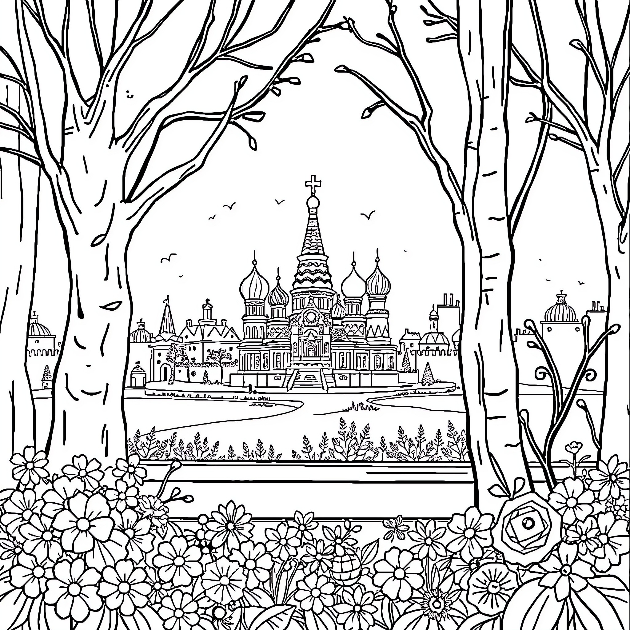 Movie Scene of Whimsical Castle in Enchanted Forest Coloring Page (free black-and-white line drawing printable PDF for all, from beginners to advanced learners, including children, teens, adults, and seniors)