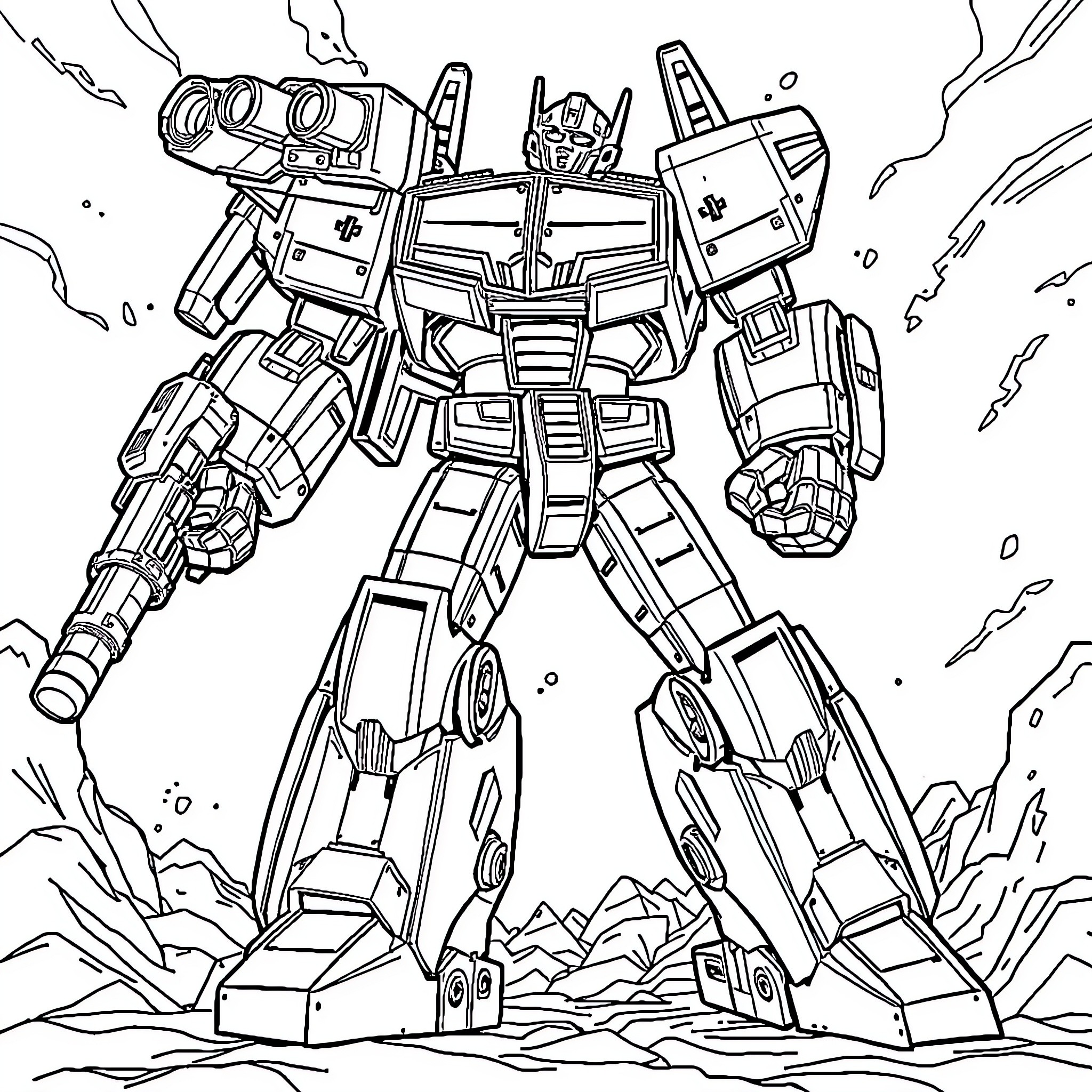 Transform futuristic mech warrior in action Coloring Page (free black-and-white line drawing printable PDF for all, from beginners to advanced learners, including children, teens, adults, and seniors)