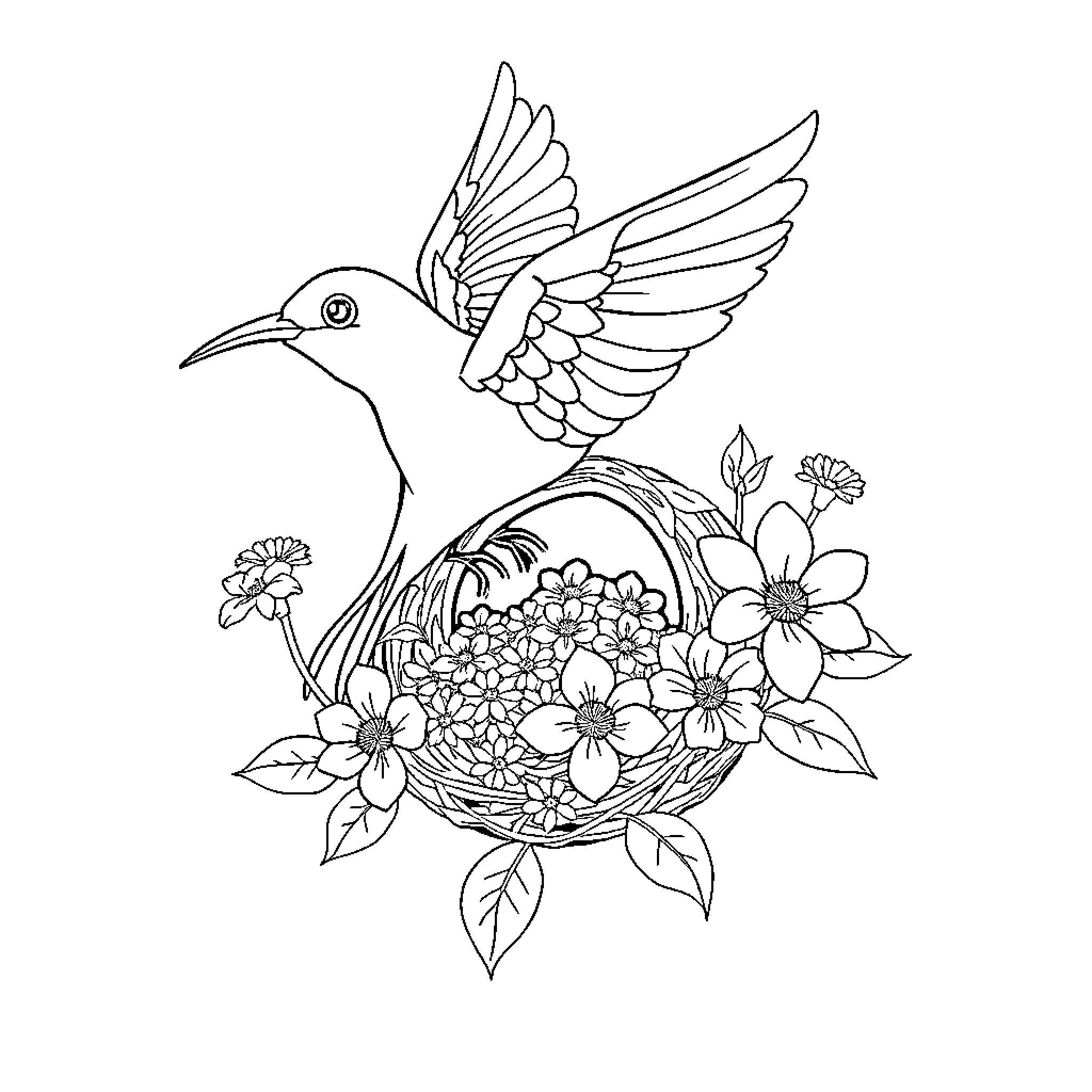 Bird with Floral Basket Coloring Page (free black-and-white line drawing printable PDF for all, from beginners to advanced learners, including children, teens, adults, and seniors)