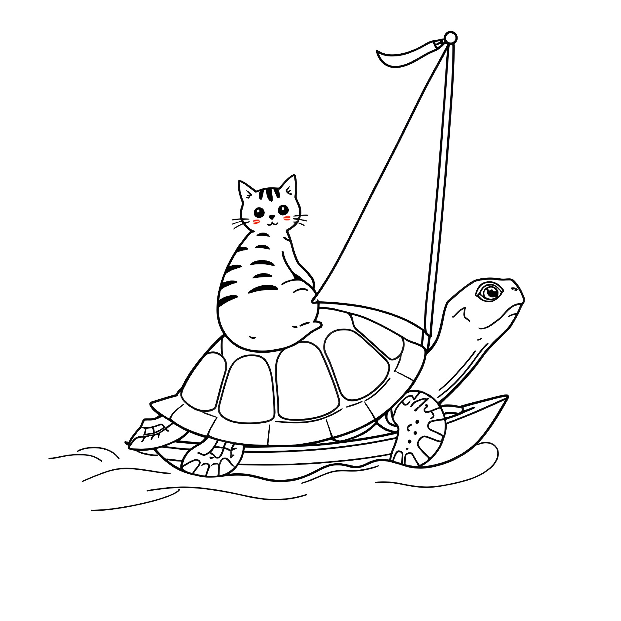 Cat sailing with a turtle on a boat Coloring Page (free black-and-white line drawing printable PDF for all, from beginners to advanced learners, including children, teens, adults, and seniors)