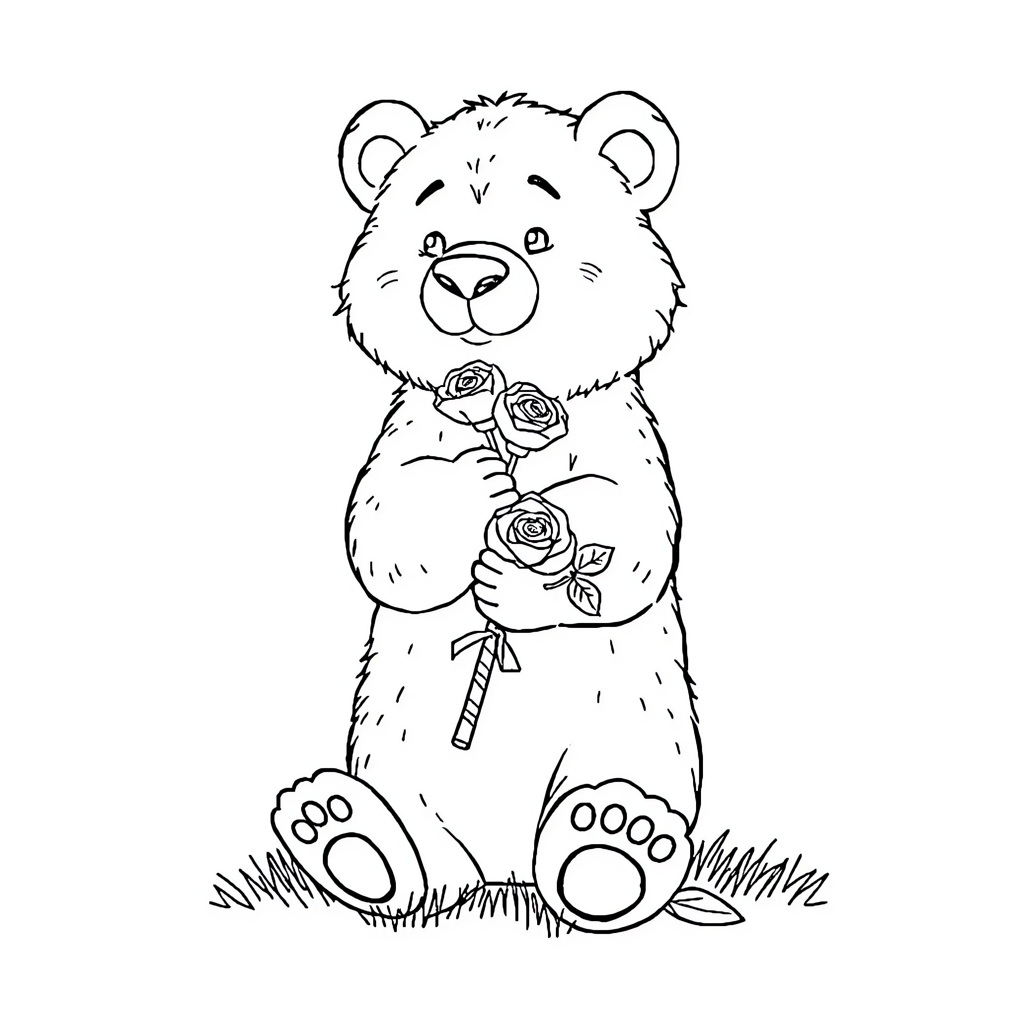 Bear holding flowers and sitting on grass Coloring Page (free black-and-white line drawing printable PDF for all, from beginners to advanced learners, including children, teens, adults, and seniors)