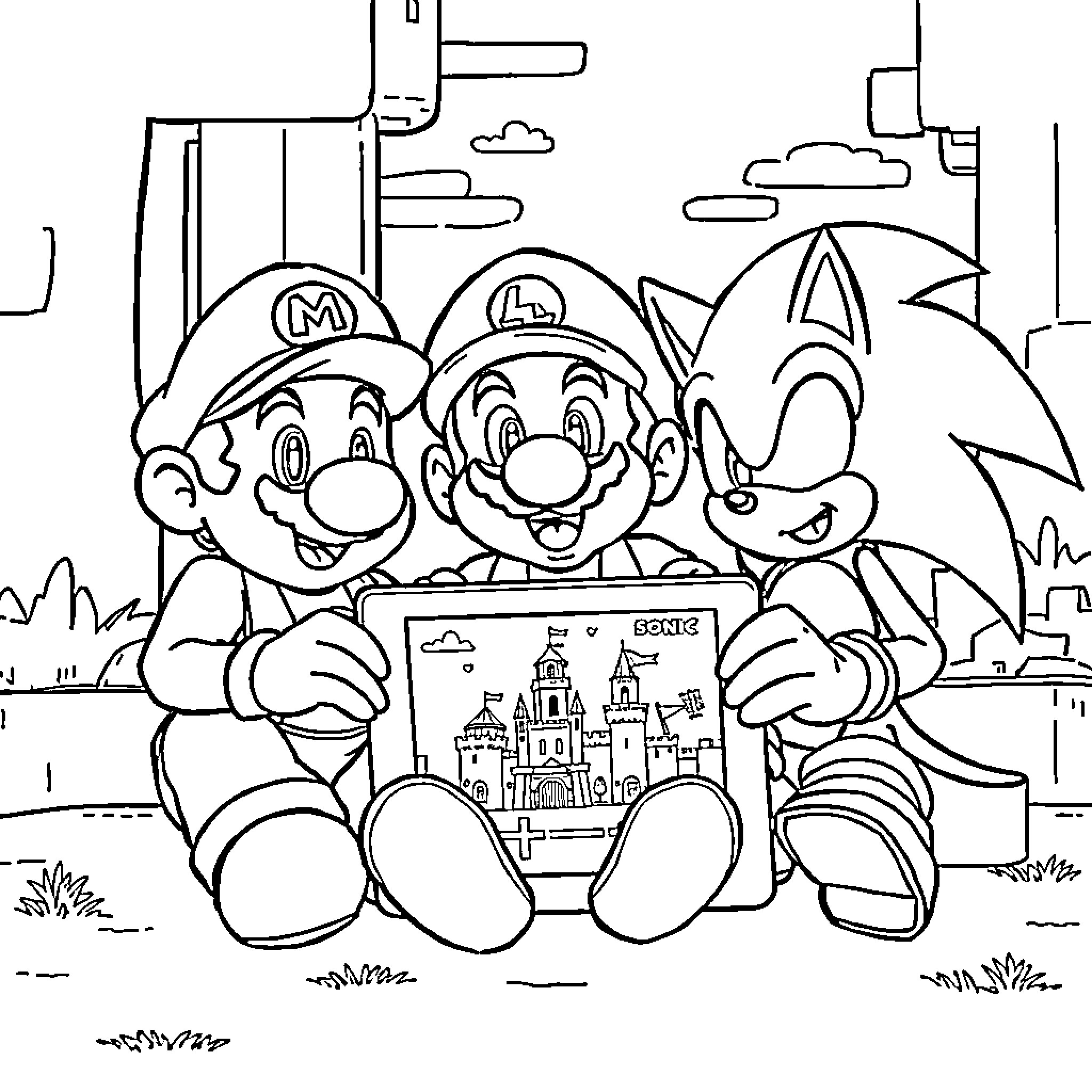 Labubu's Adventure with Mario and Sonic Coloring Page (free black-and-white line drawing printable PDF for all, from beginners to advanced learners, including children, teens, adults, and seniors)