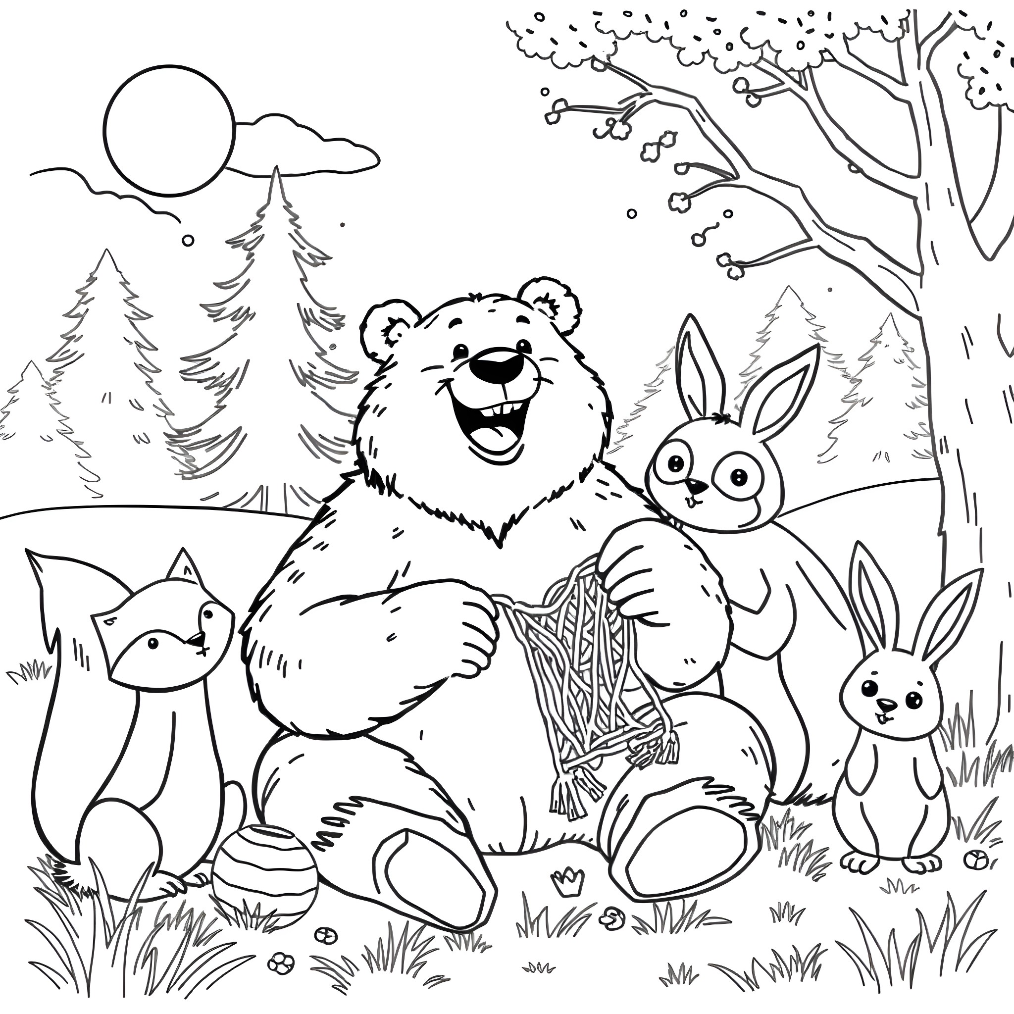 Bear playing happily with forest animals in the woods Coloring Page (free black-and-white line drawing printable PDF for all, from beginners to advanced learners, including children, teens, adults, and seniors)