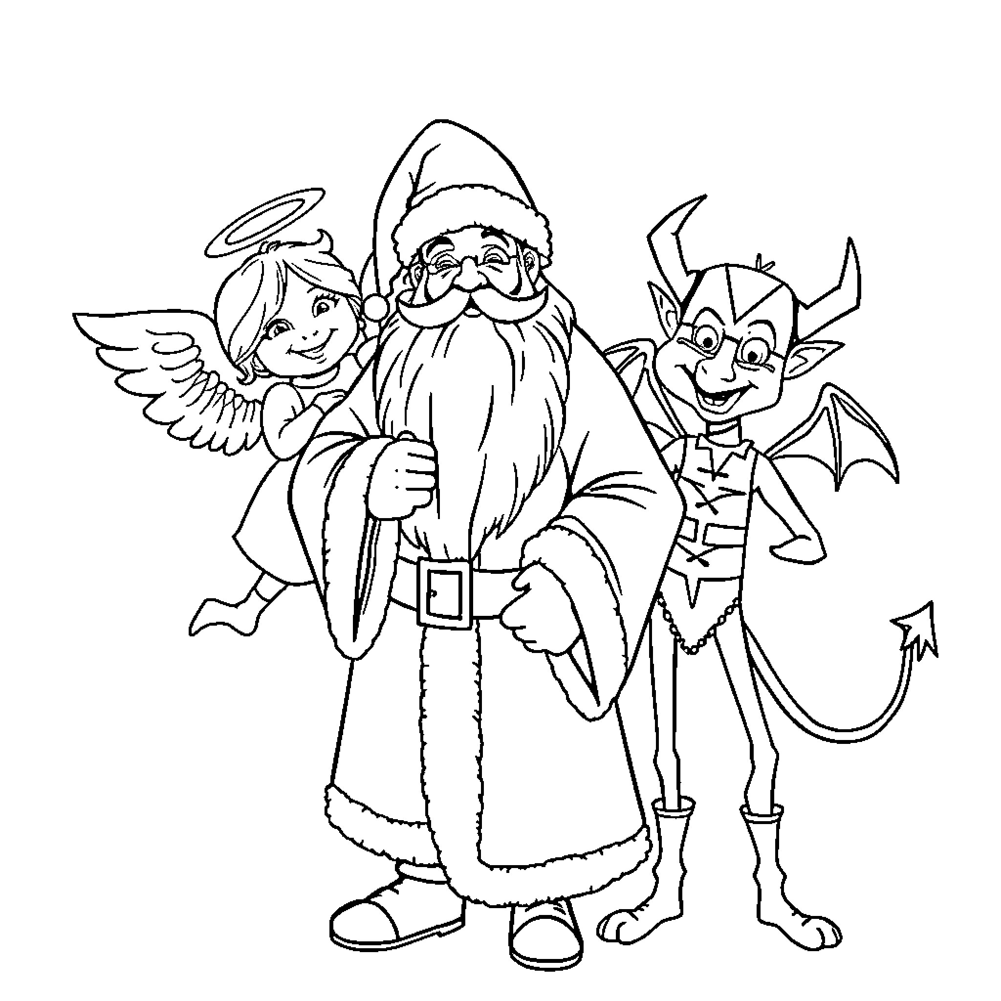 St. Nick and his magical companions Coloring Page (free black-and-white line drawing printable PDF for all, from beginners to advanced learners, including children, teens, adults, and seniors)