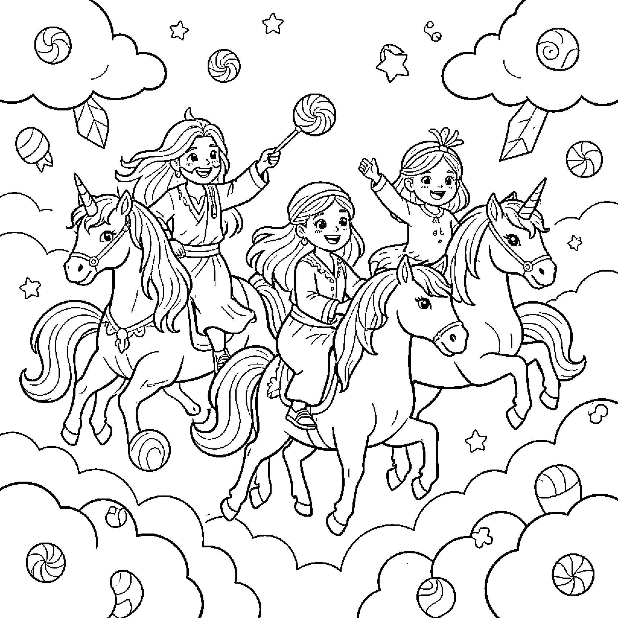 Unicorn Riders Soaring through Magical Skies Coloring Page (free black-and-white line drawing printable PDF for all, from beginners to advanced learners, including children, teens, adults, and seniors)
