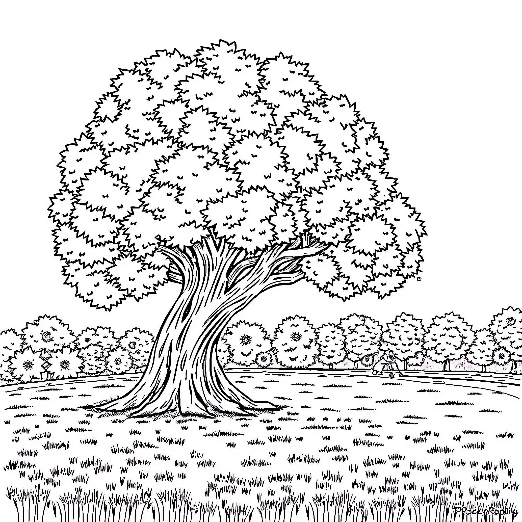 Tree with lush foliage in a grassy field Coloring Page (free black-and-white line drawing printable PDF for all, from beginners to advanced learners, including children, teens, adults, and seniors)