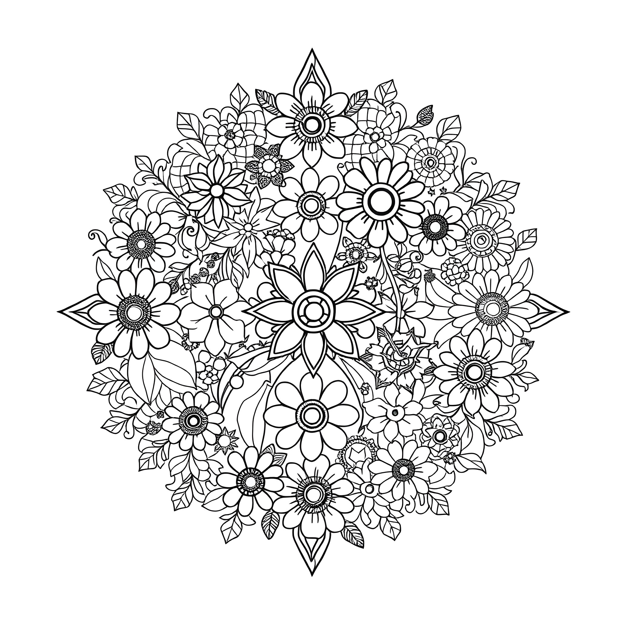 Patchwork of Intricate Floral Designs Coloring Page (free black-and-white line drawing printable PDF for all, from beginners to advanced learners, including children, teens, adults, and seniors)