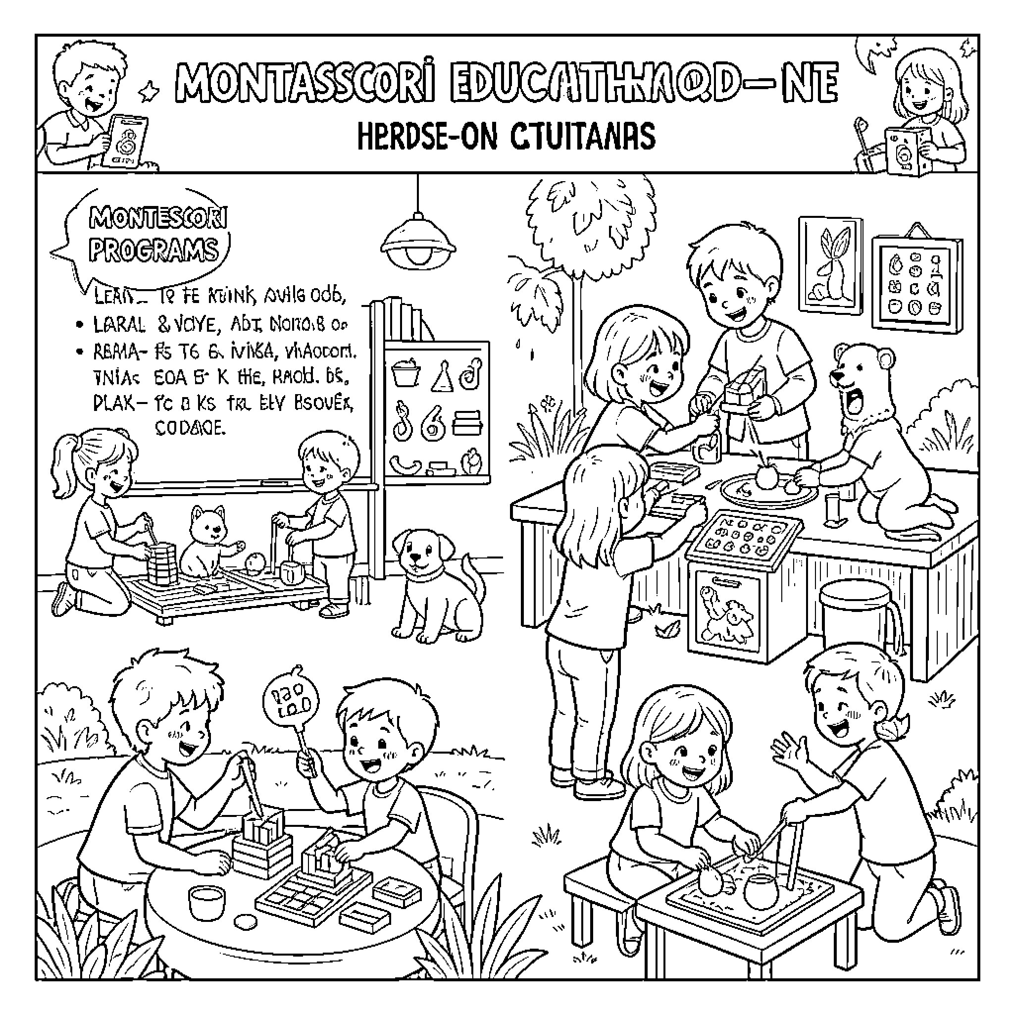 Montessori children engaged in various educational activities Coloring Page (free black-and-white line drawing printable PDF for all, from beginners to advanced learners, including children, teens, adults, and seniors)