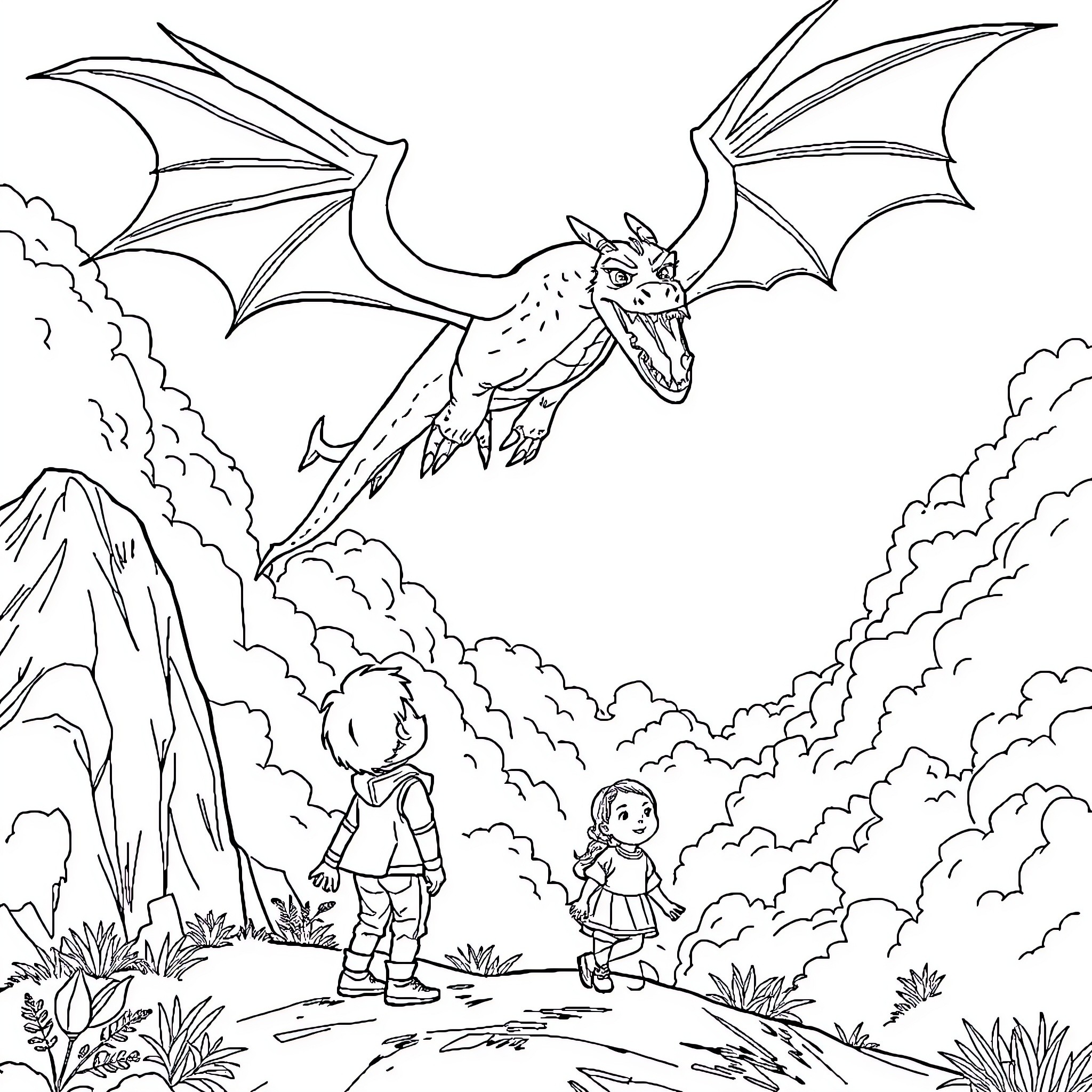 Dragon soaring over children in the wilderness Coloring Page (free black-and-white line drawing printable PDF for all, from beginners to advanced learners, including children, teens, adults, and seniors)