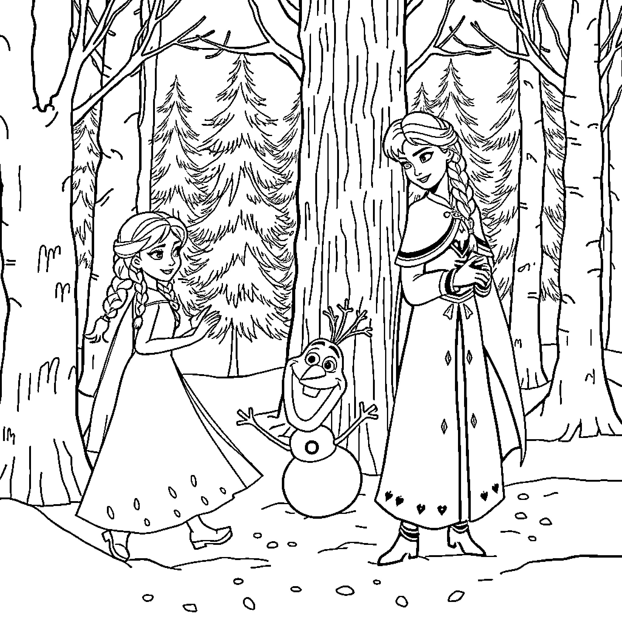 Elsa and Anna's Snowy Adventure with Olaf Coloring Page (free black-and-white line drawing printable PDF for all, from beginners to advanced learners, including children, teens, adults, and seniors)