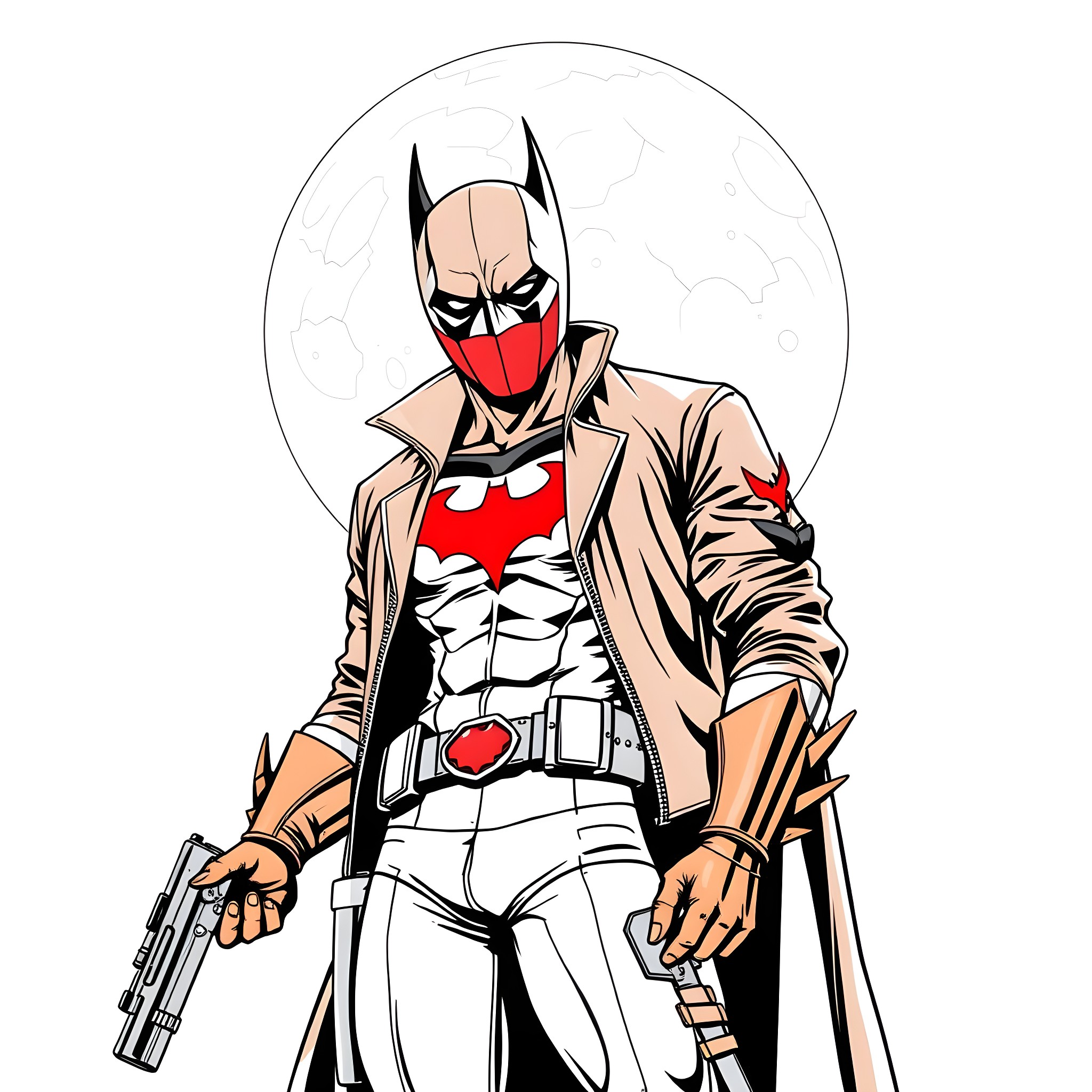 Red Hood in Action with Weapons and Mask Coloring Page (free black-and-white line drawing printable PDF for all, from beginners to advanced learners, including children, teens, adults, and seniors)