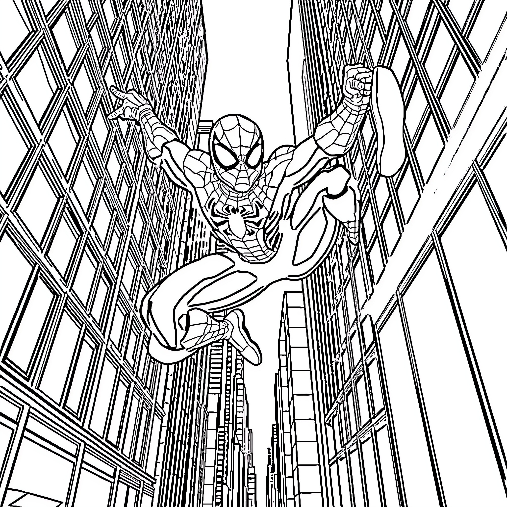 Spiderman swinging through the city streets Coloring Page (free black-and-white line drawing printable PDF for all, from beginners to advanced learners, including children, teens, adults, and seniors)