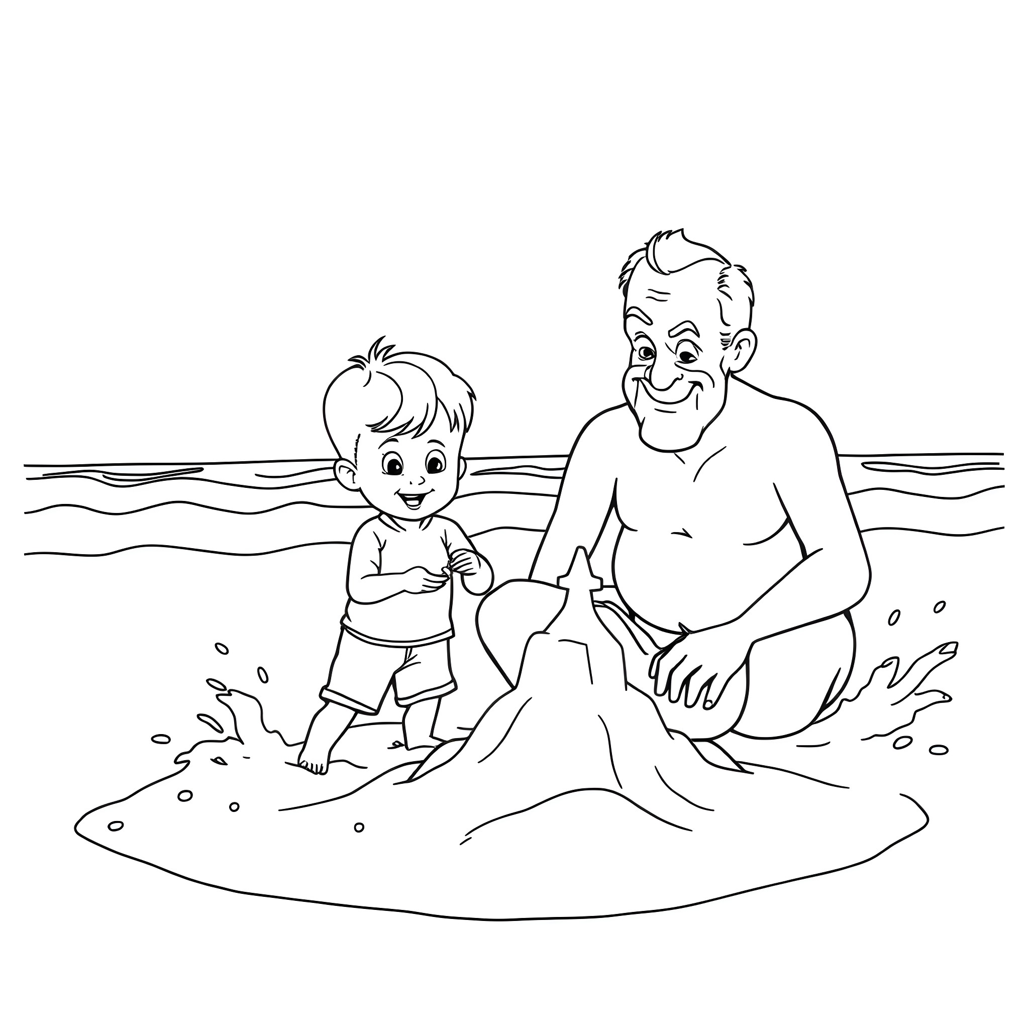 Grandson playing in the water with grandfather Coloring Page (free black-and-white line drawing printable PDF for all, from beginners to advanced learners, including children, teens, adults, and seniors)