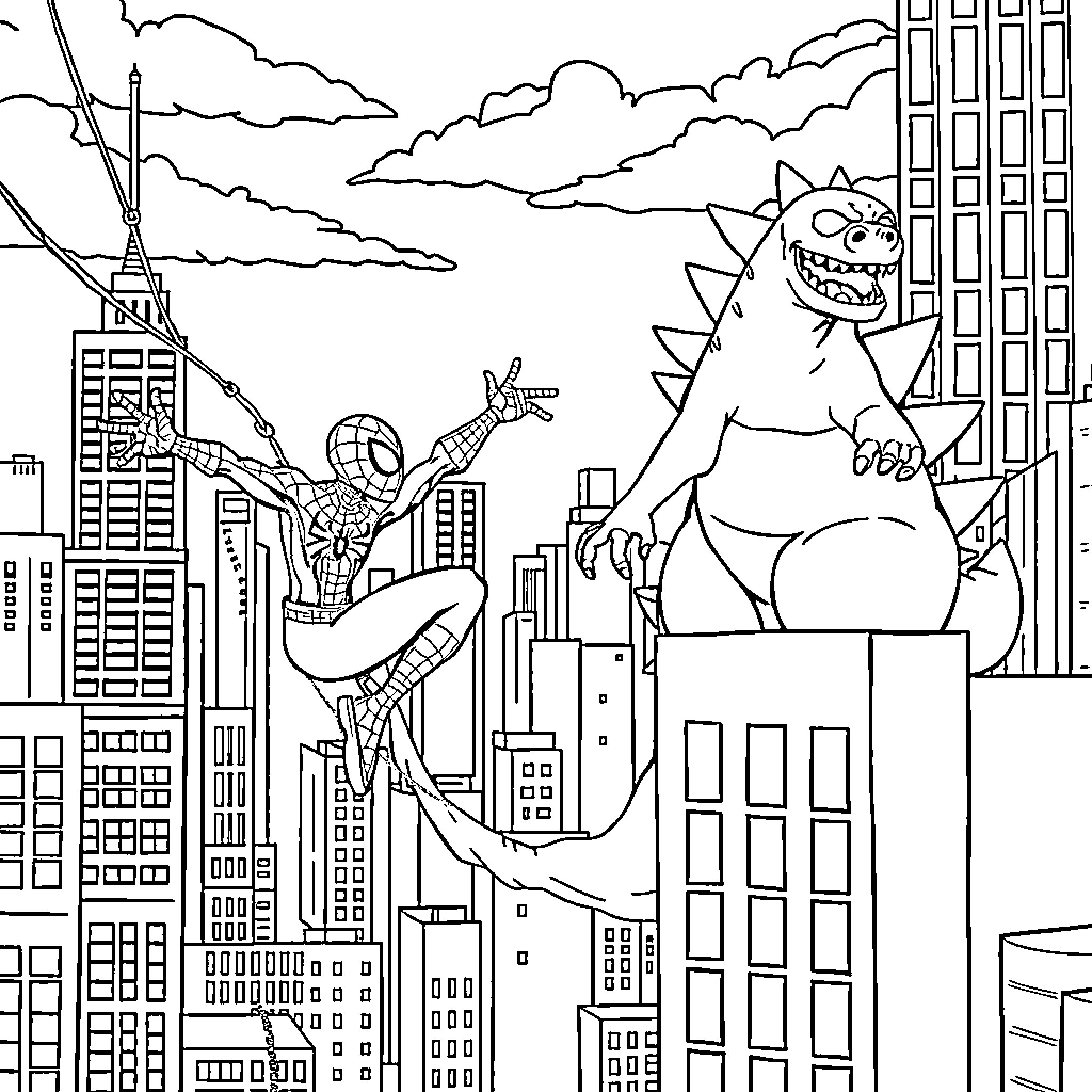 Spiderman battling a giant monster in the city Coloring Page (free black-and-white line drawing printable PDF for all, from beginners to advanced learners, including children, teens, adults, and seniors)