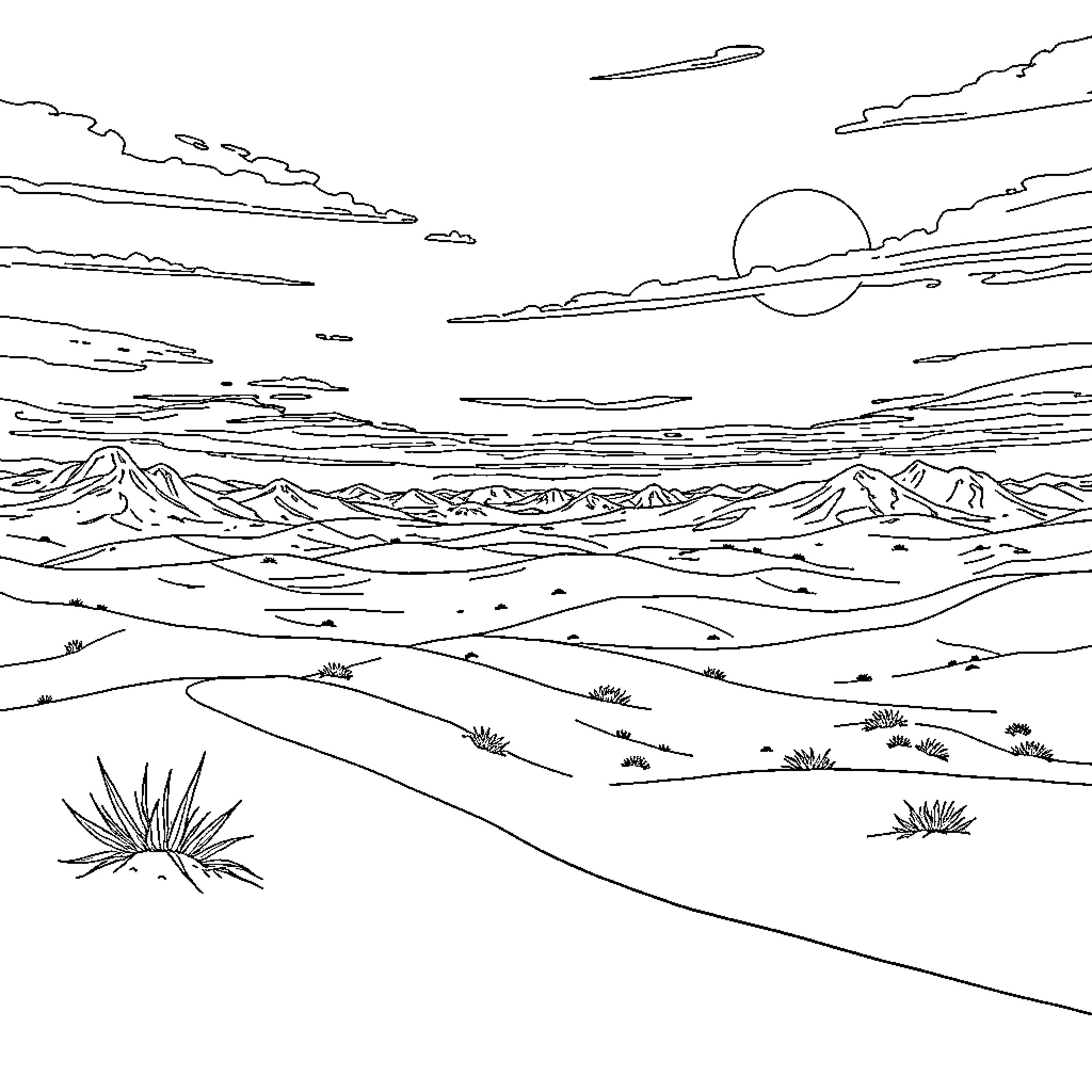 Desert landscape with mountains and a setting sun Coloring Page (free black-and-white line drawing printable PDF for all, from beginners to advanced learners, including children, teens, adults, and seniors)
