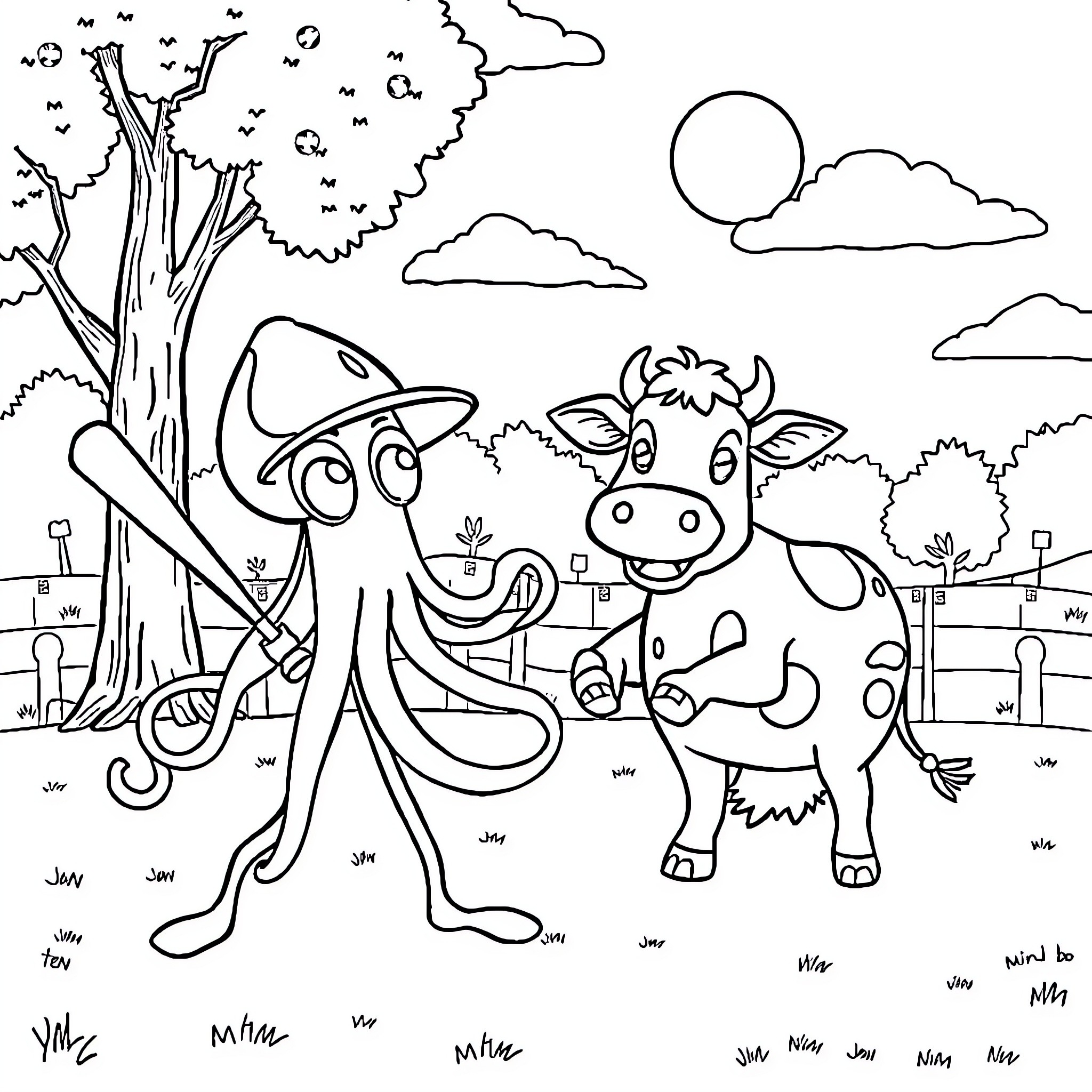 Squid and Cow Playing in the Countryside Coloring Page (free black-and-white line drawing printable PDF for all, from beginners to advanced learners, including children, teens, adults, and seniors)