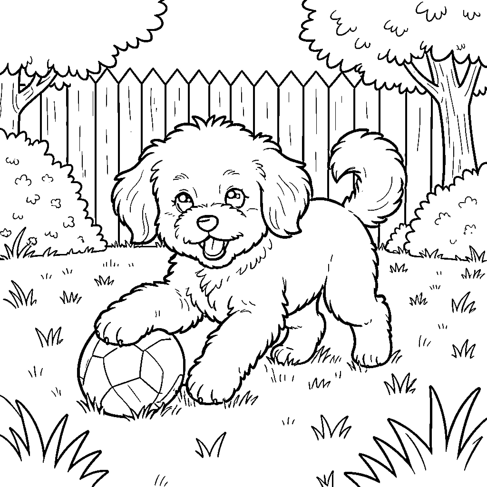 Puppy playing with a ball in the backyard Coloring Page (free black-and-white line drawing printable PDF for all, from beginners to advanced learners, including children, teens, adults, and seniors)