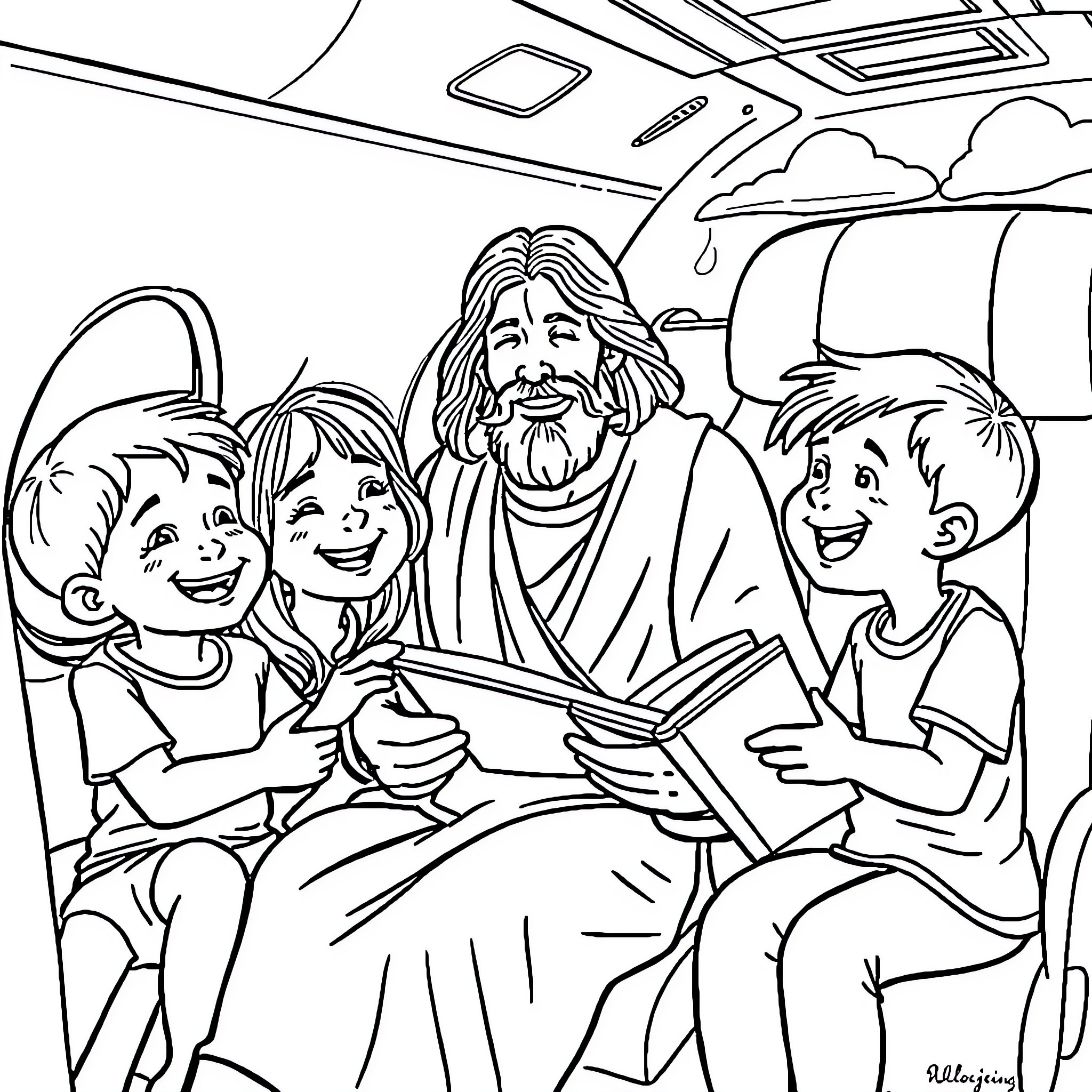 Jesus sharing a story with happy children Coloring Page (free black-and-white line drawing printable PDF for all, from beginners to advanced learners, including children, teens, adults, and seniors)