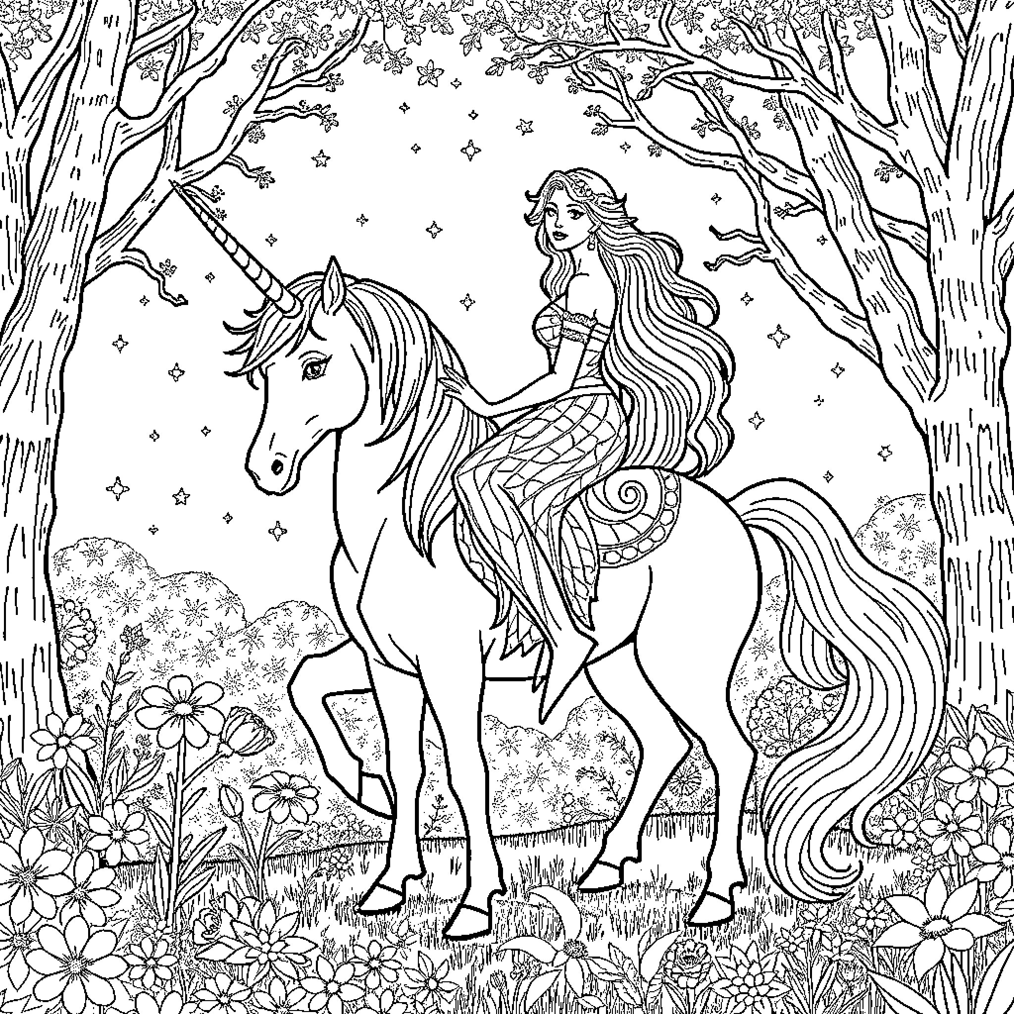 Siren riding a majestic unicorn in the enchanted forest Coloring Page (free black-and-white line drawing printable PDF for all, from beginners to advanced learners, including children, teens, adults, and seniors)