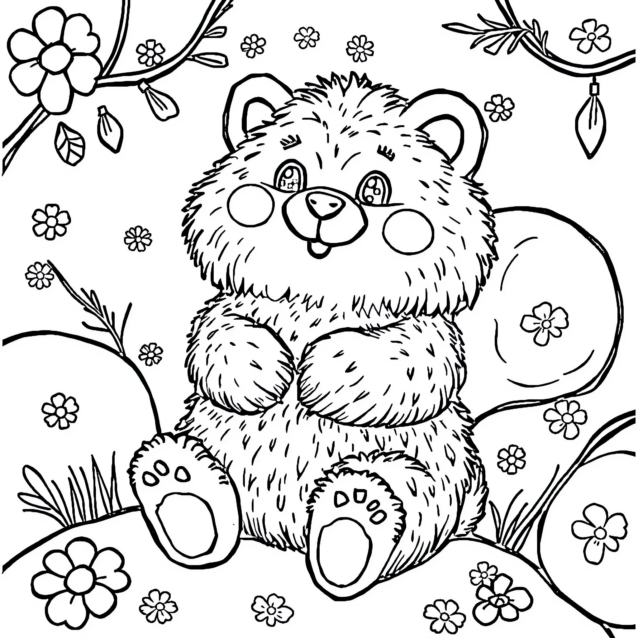 Hugge the Cuddly Bear's Floral Adventure Coloring Page (free black-and-white line drawing printable PDF for all, from beginners to advanced learners, including children, teens, adults, and seniors)
