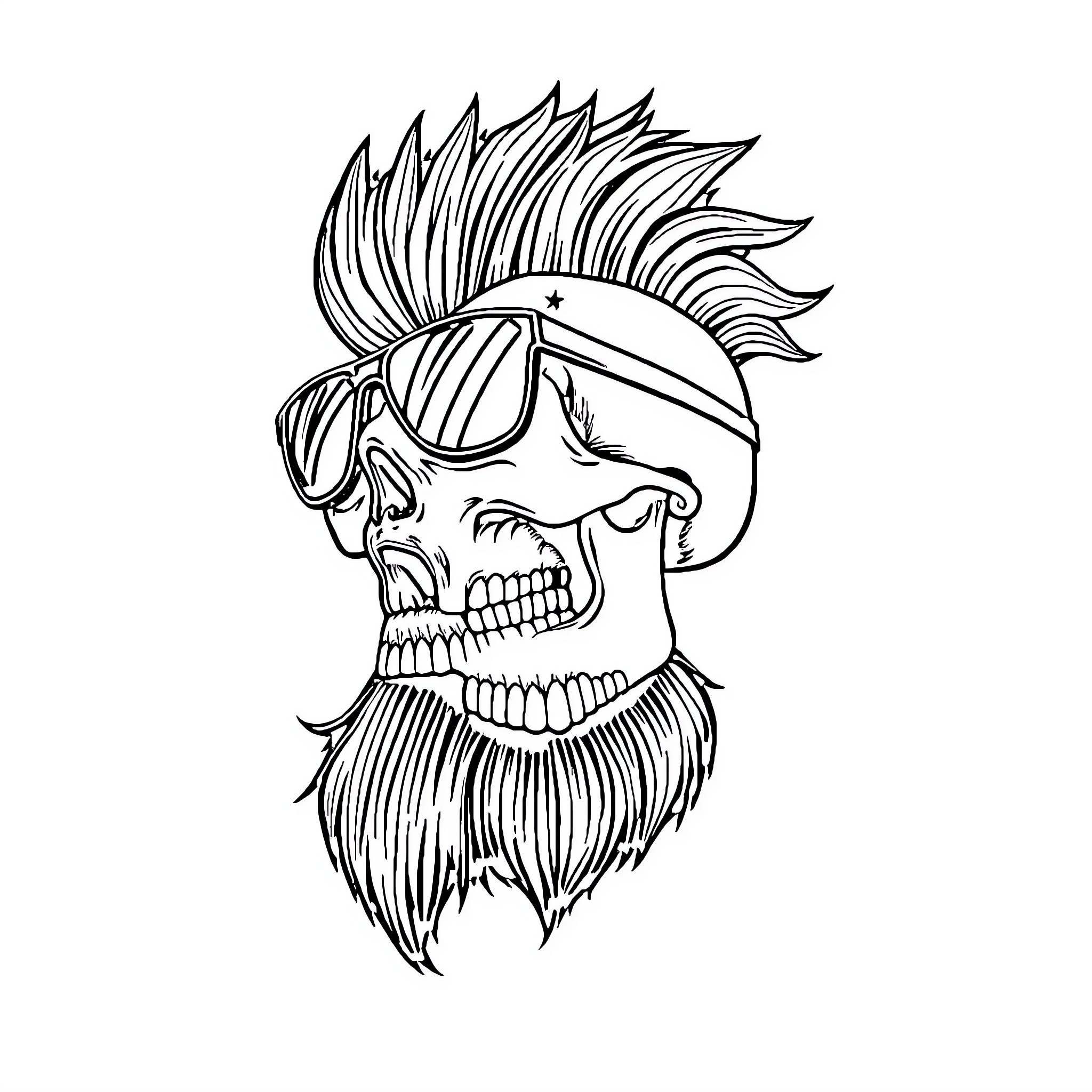 Skull with punk hairstyle and sunglasses Coloring Page (free black-and-white line drawing printable PDF for all, from beginners to advanced learners, including children, teens, adults, and seniors)