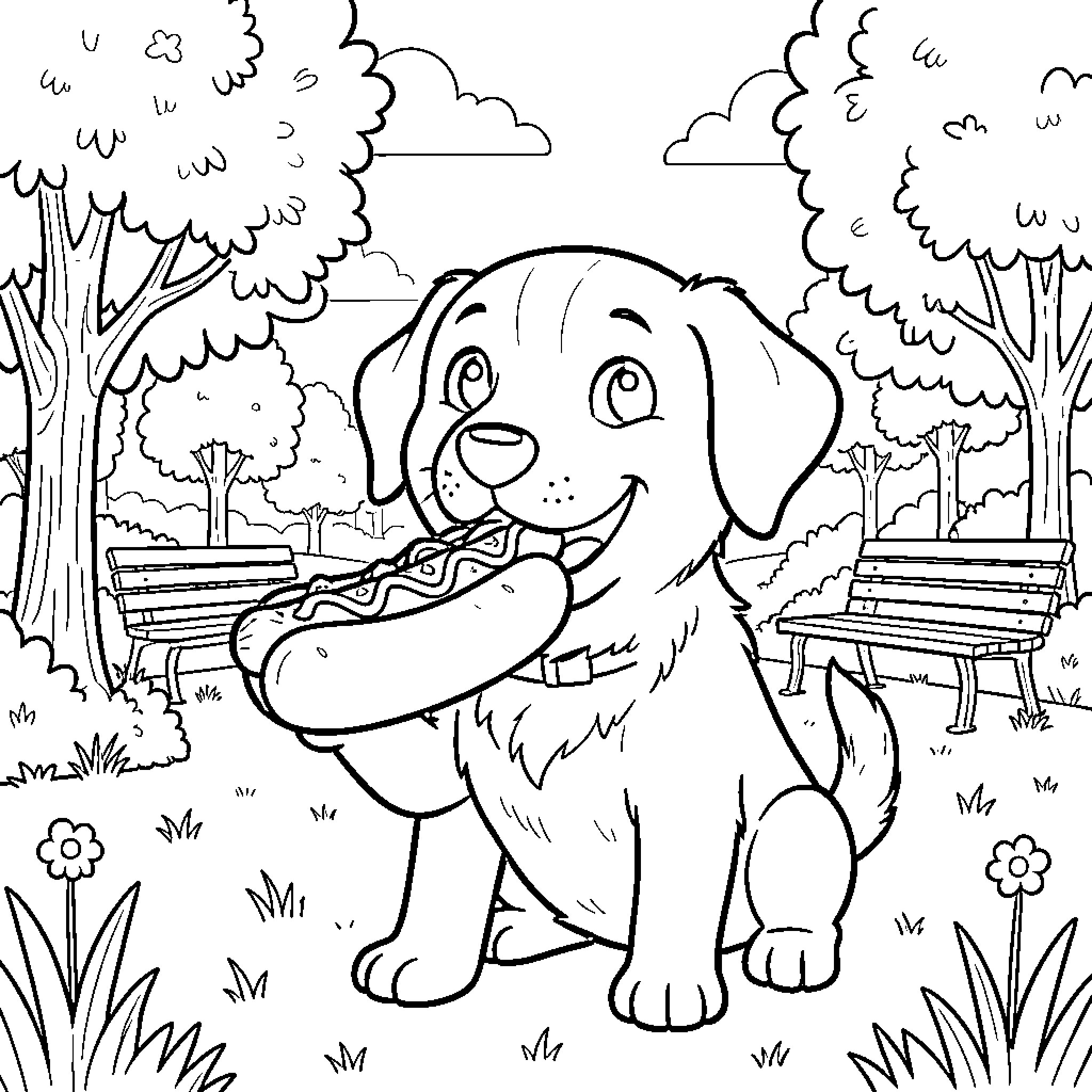 Dog eating a hot dog in the park Coloring Page (free black-and-white line drawing printable PDF for all, from beginners to advanced learners, including children, teens, adults, and seniors)