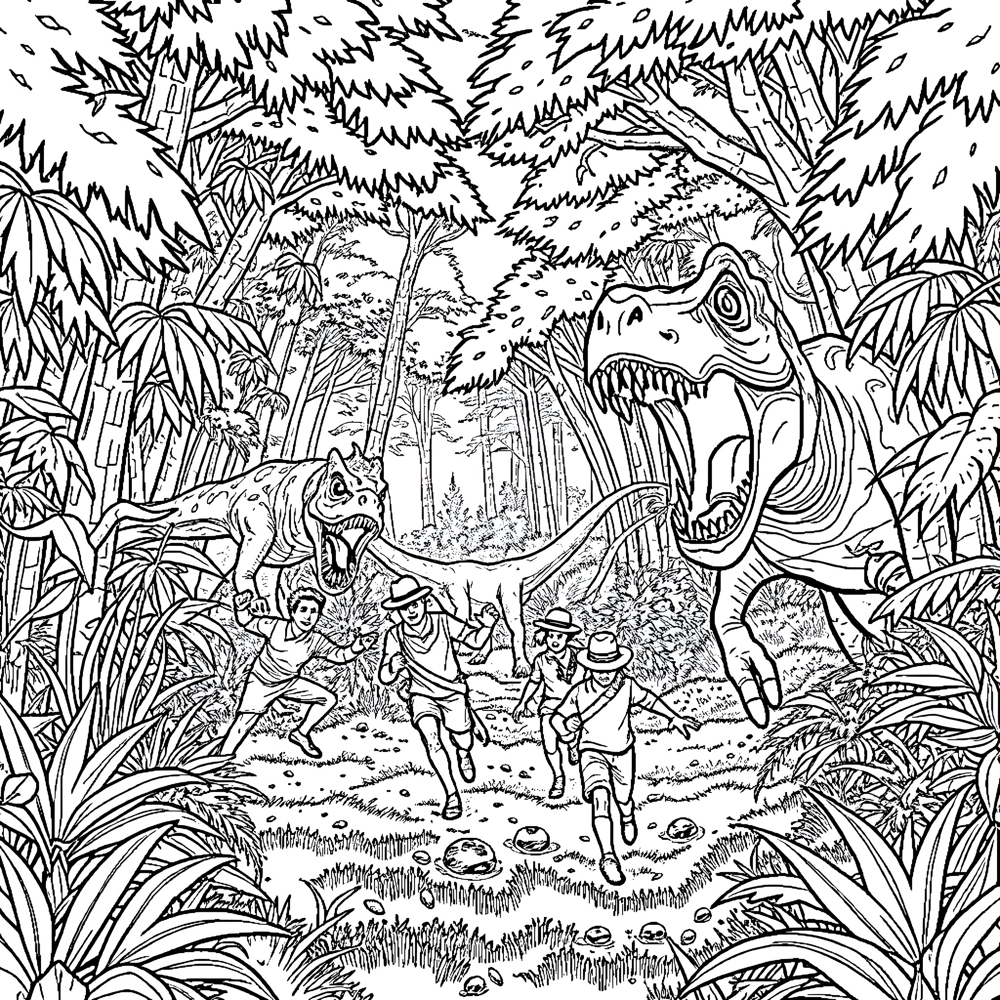 Person exploring the prehistoric jungle with dinosaurs Coloring Page (free black-and-white line drawing printable PDF for all, from beginners to advanced learners, including children, teens, adults, and seniors)